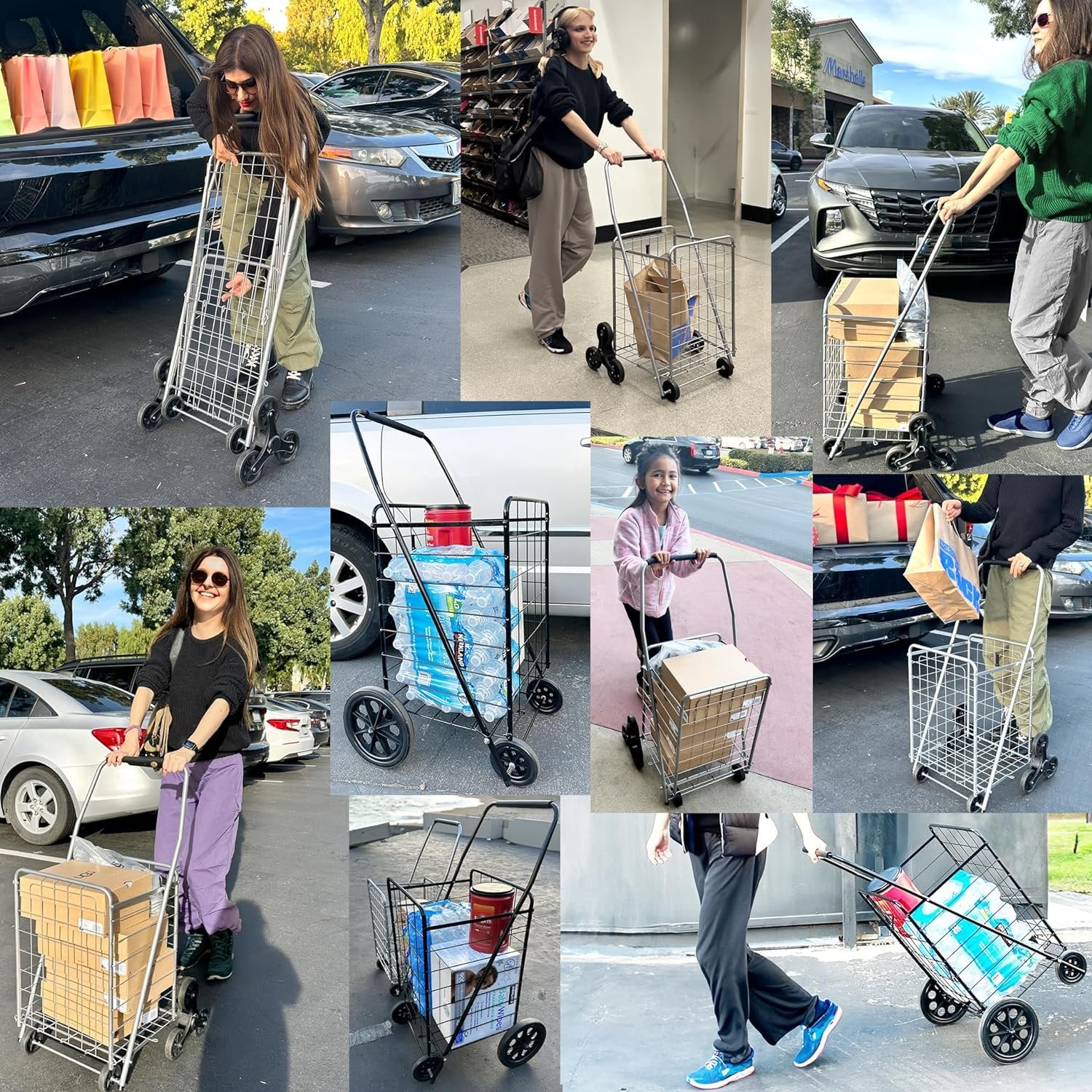 Wellmax 2-Pack Shopping Utility Cart with Stair Climber, Collapsible Folding Cart for Grocery, X-Large and Large (Black and Silver)