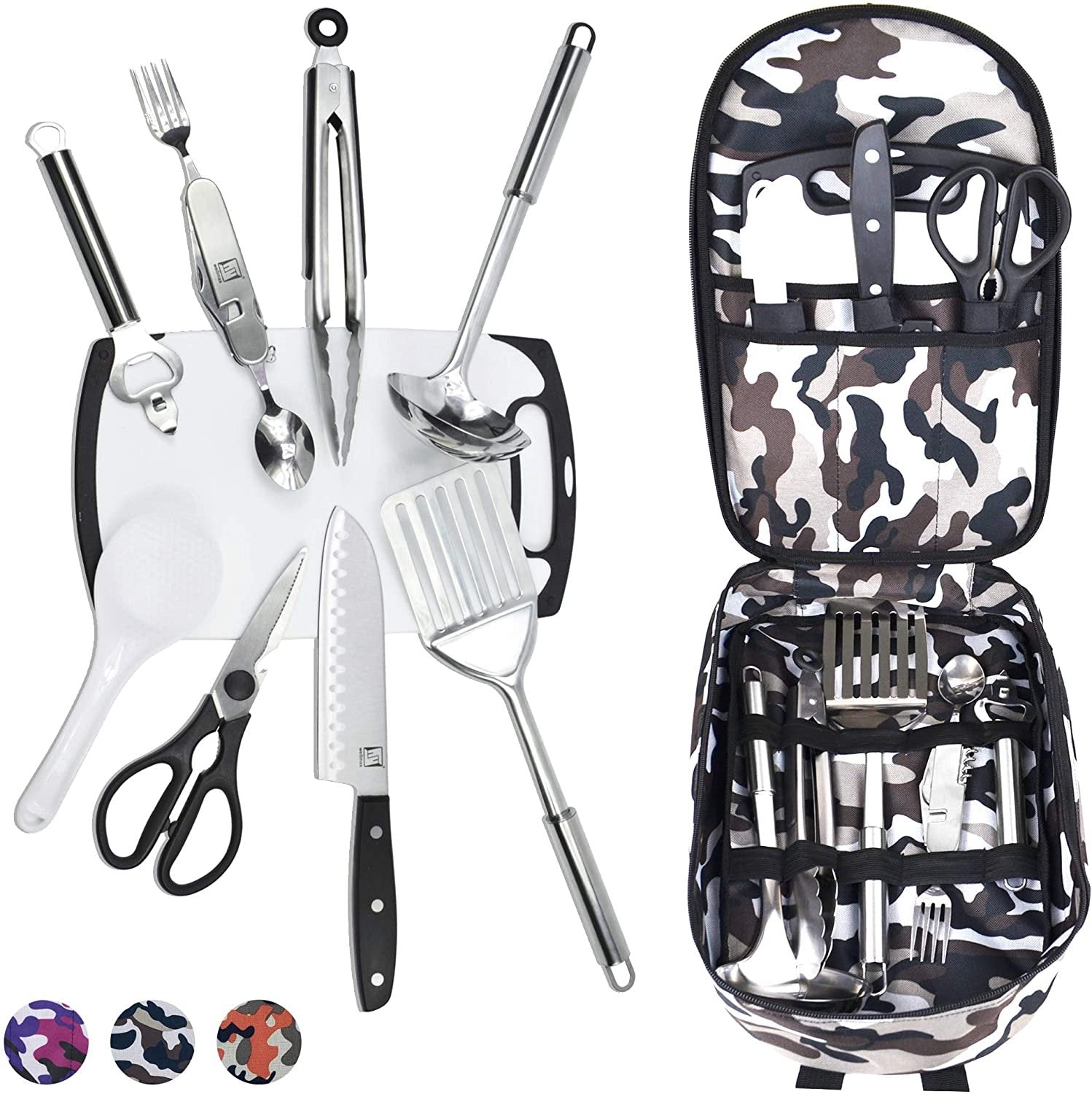 Wellmax Camping Utensils Cooking Set, Camping cookware with Kitchen Knife and Equipment, Camping Accessories and Supplies with Travel Organizer, Grey Camo Color