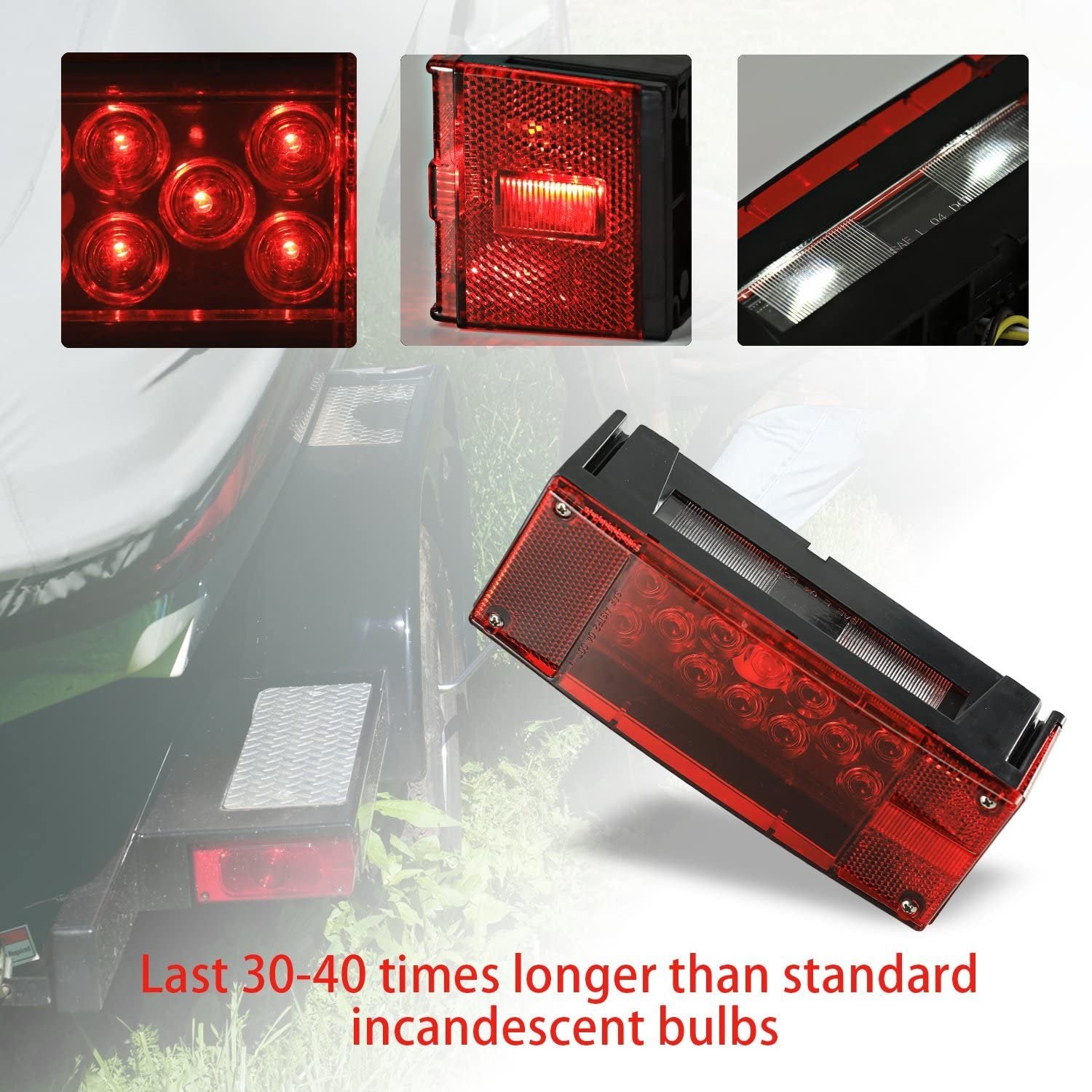 Wellmax 12V LED Trailer Lights, Submersible and Waterproof Low Profile Rectangular Tail Lights for RV, Marine, Boat, Trailers
