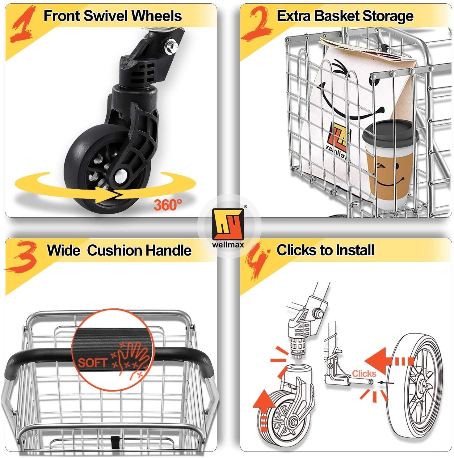 Wellmax Metal Grocery Shopping Cart with Wheels for Groceries, Folding Cart for Convenient Storage and Holds Up to 66lbs, Dual Swivel Wheels and Extra Basket, Silver