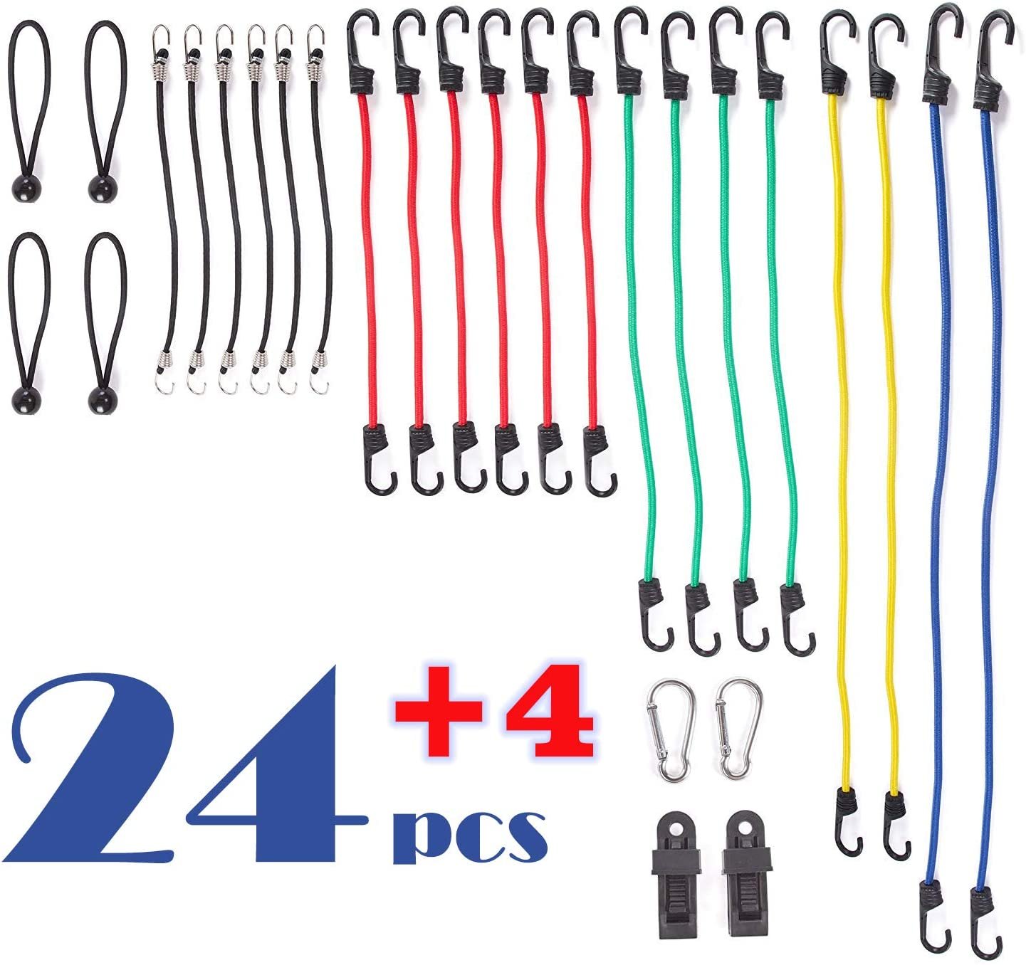 Wellmax Bungee Cords Hook Assortment Jar, 24 Piece Set with Canopy Ties Plastic Coated Metal Hooks