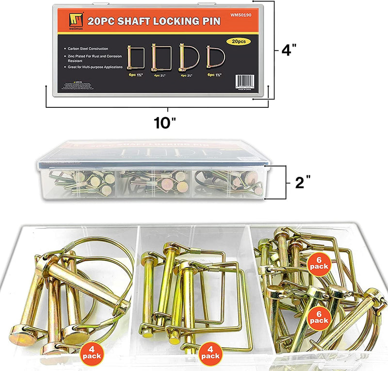 Wellmax 20 Pcs Shaft Locking Pin in 1/4", 5/16" and 3/8" Diameter Zinc-Plated Heavy Duty Safety Pins, Trailer Hitch Pin for Trailer Lock and Hitch Pin Lock for Farm Lawn Garden Wagons, Gold Color