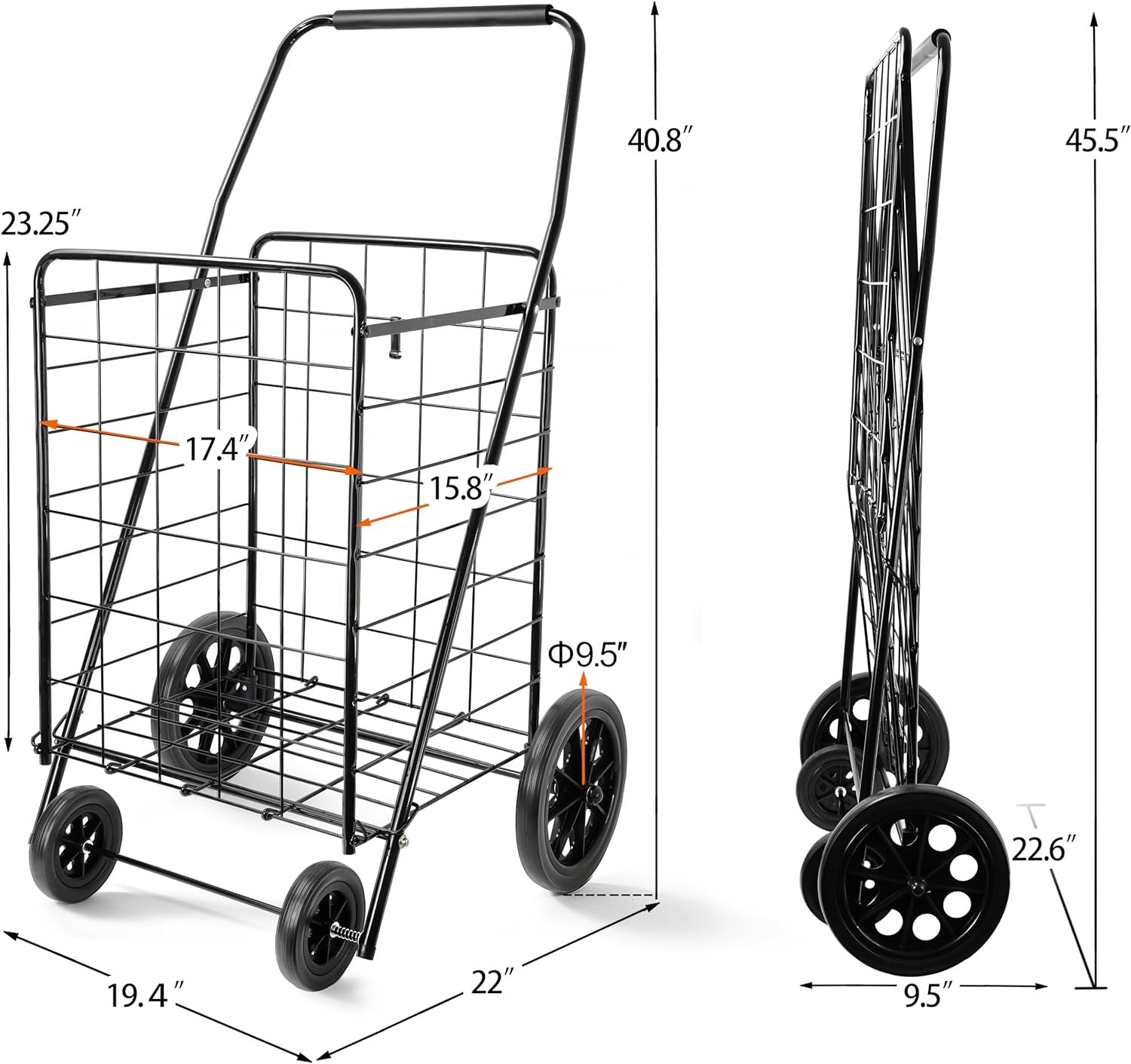 Wellmax 2-Pack Shopping Utility Cart with Stair Climber, Collapsible Folding Cart for Grocery, X-Large and Large (Black and Silver)