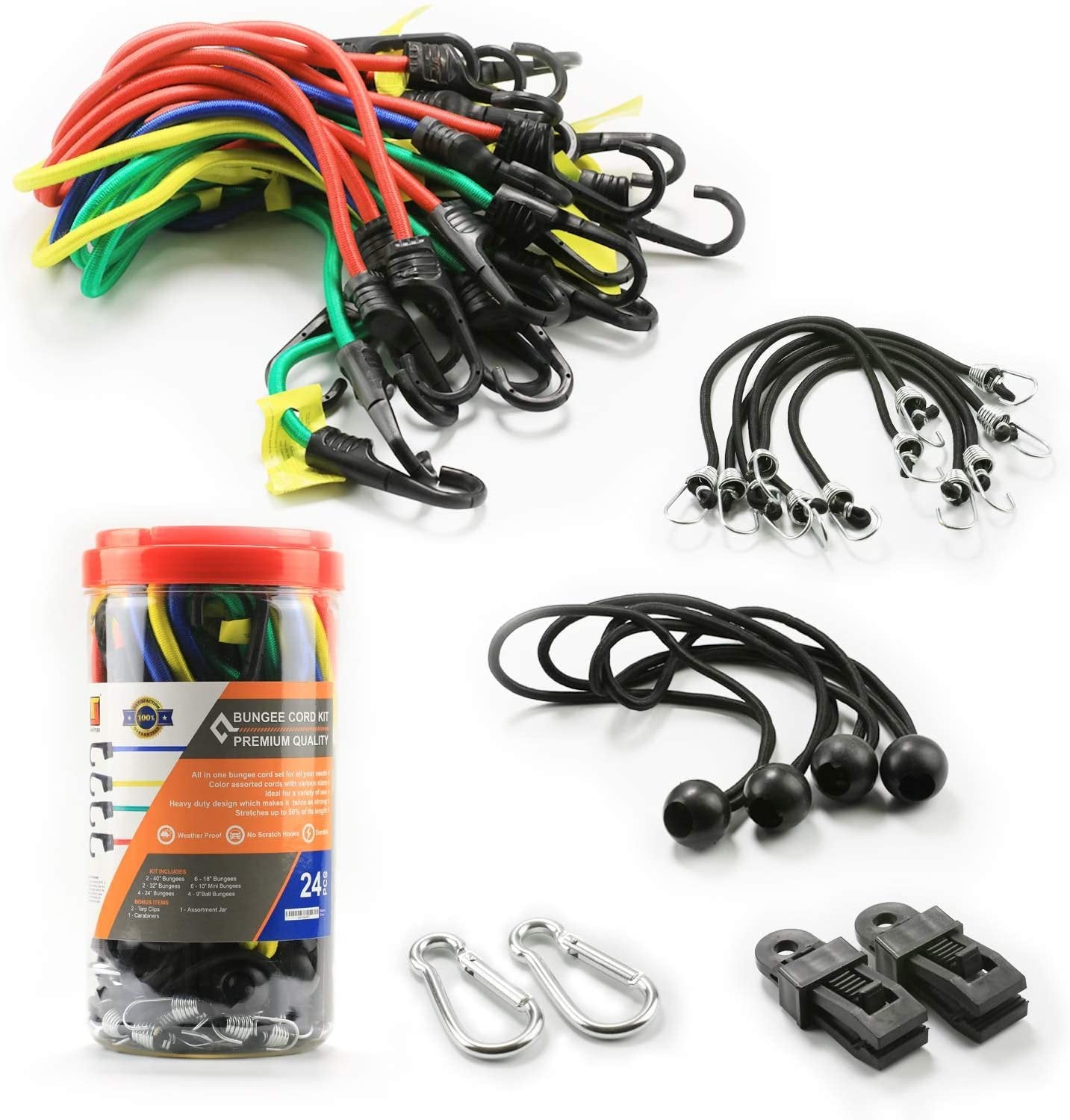 Wellmax Bungee Cords Hook Assortment Jar, 24 Piece Set with Canopy Ties Plastic Coated Metal Hooks