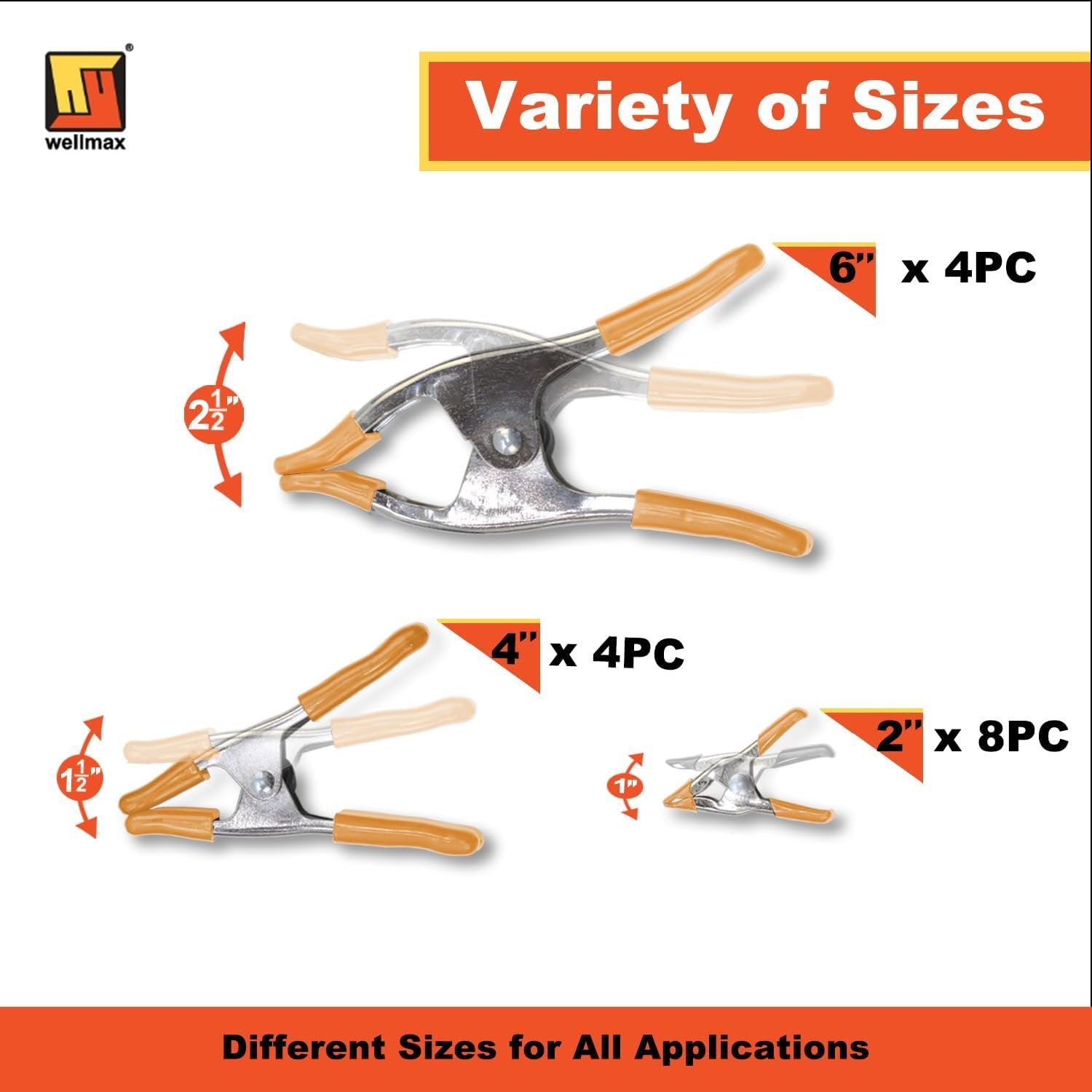 Wellmax Spring Clamps Set - 16PCs Heavy Duty Metal Clamps with Nickel-Plated Finish, Includes 8 x 2" Clamps, 4 x 4" Clamps, and 4 x 6" Clamps, Versatile for Woodworking, Picture Frame Making, and More