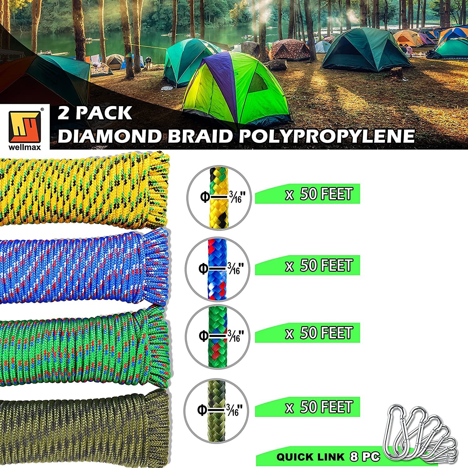 Wellmax Diamond Braided Polypropylene Rope with UV Treatment and Weather Resistant, 4 Pack 3/16 inch x 50ft Multi-Color