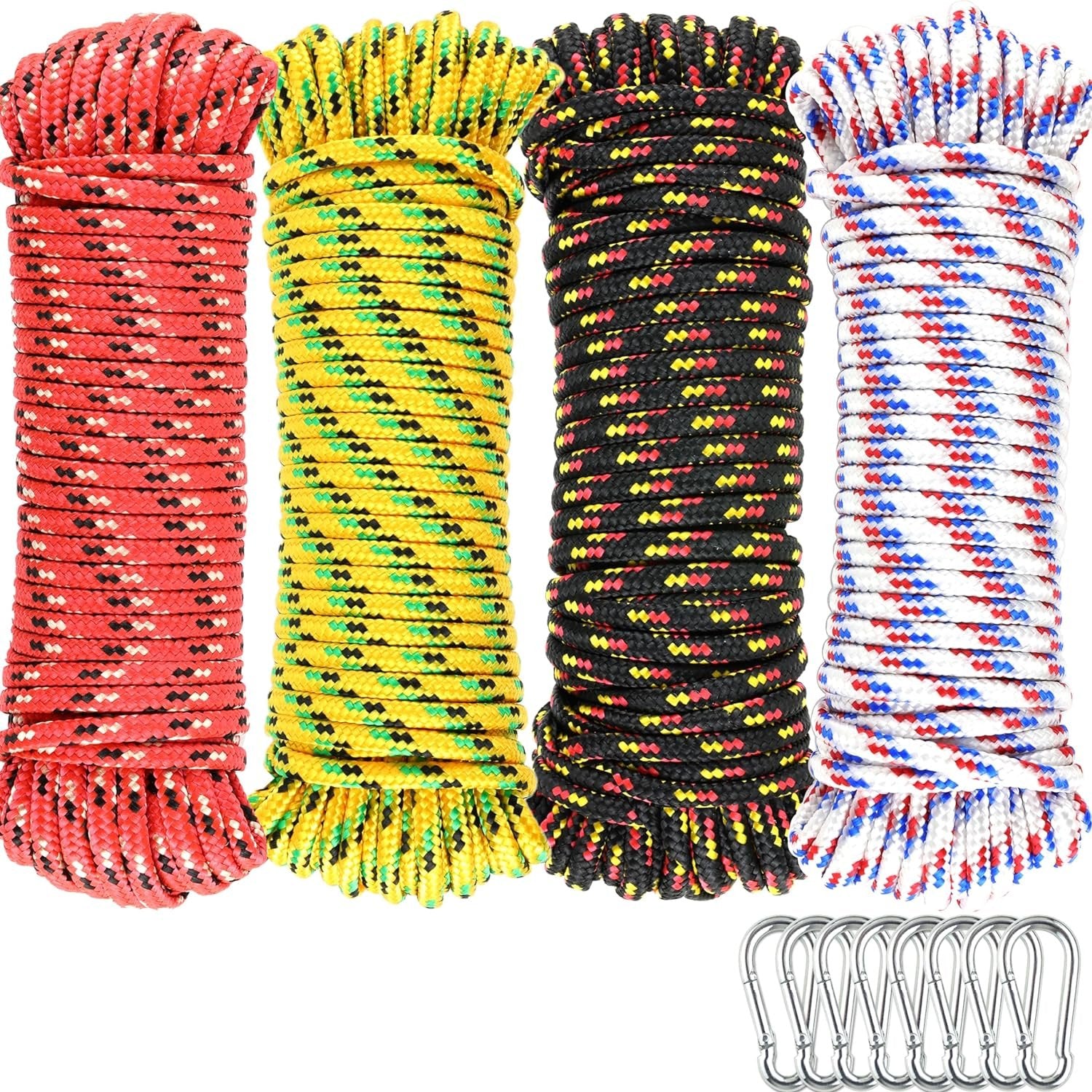Wellmax 4 Pack 3/16" x 50ft Diamond Braided Polypropylene Rope with UV Treatment and Weather Resistant, Assorted Color