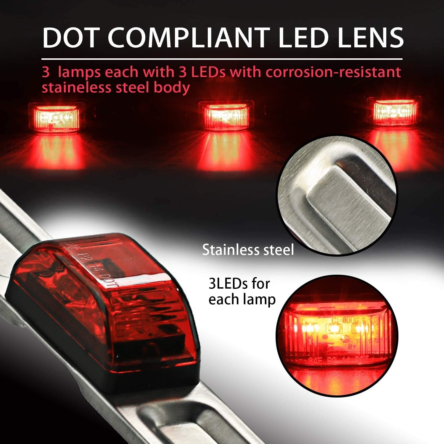 9 LED ID Light Bar and Trailer Lights Set of 4, Waterproof and Submersible Clearance and License Plate Markers, Red Taillights for Rear and Side of Truck, Boat, Camper, Pickup, RV, Surface Mount