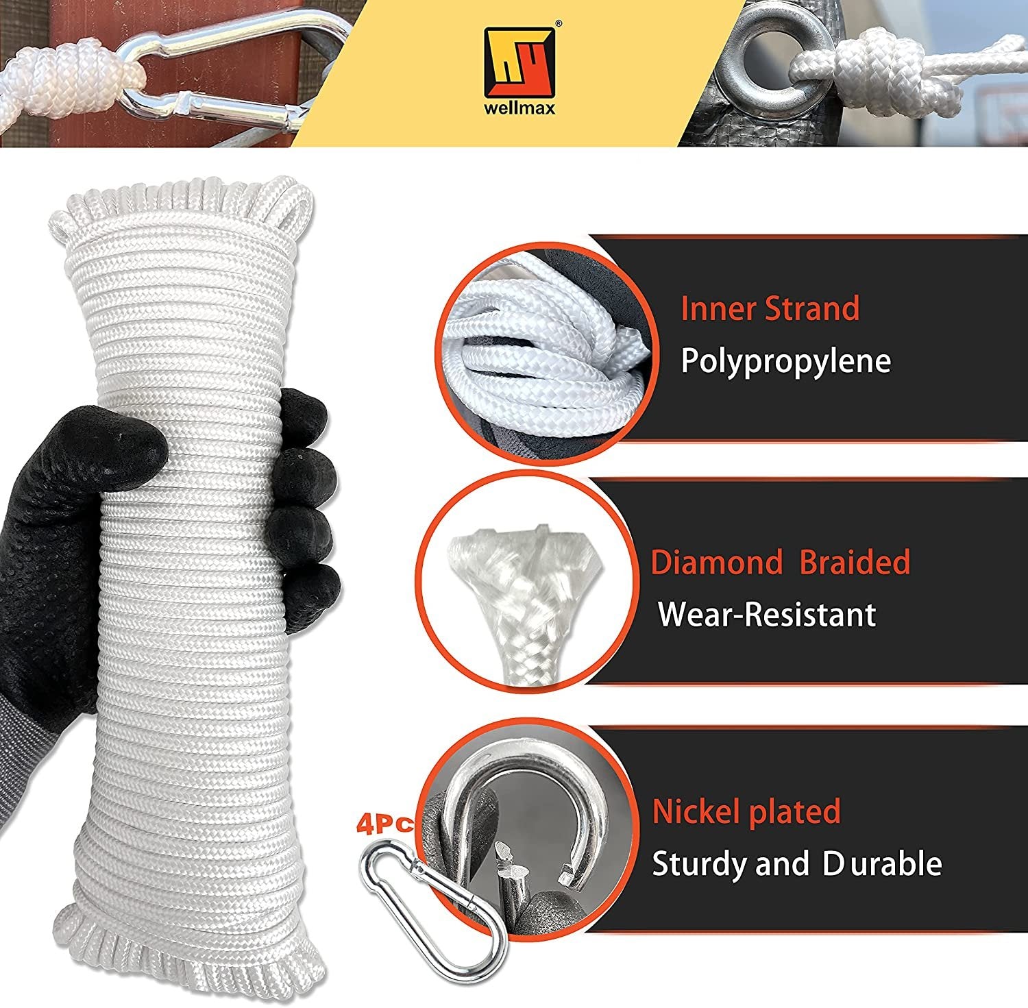 Wellmax Diamond Braided Polypropylene Rope with UV Treatment and Weather Resistant, 4 Pack 3/16 inch x 50ft Multi-Color