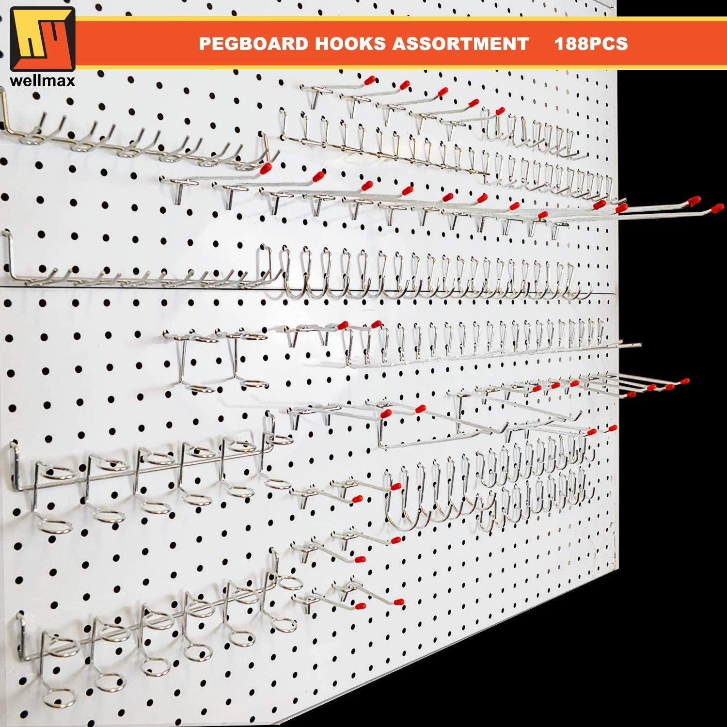 Wellmax 188pc Pegboard Hooks Accessories Assortment, Heavy Duty Peg Board Hook Set, Perfect for tools, crafts, peg boards and pegs attachments. Fits 1/4 and 1/8 inch Peg Holes
