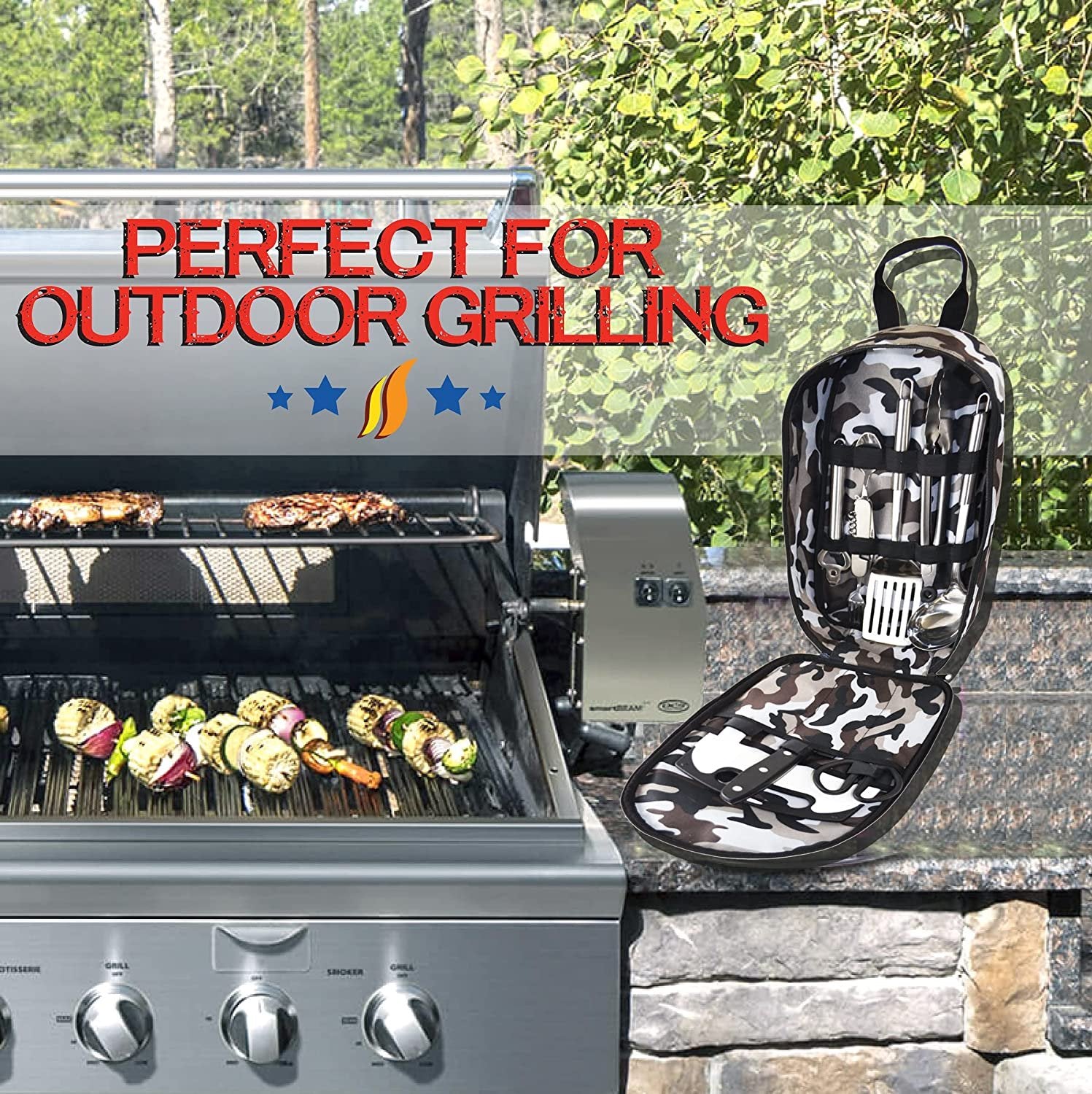 Wellmax Camping Utensils Cooking Set, Camping cookware with Kitchen Knife and Equipment, Camping Accessories and Supplies with Travel Organizer, Grey Camo Color