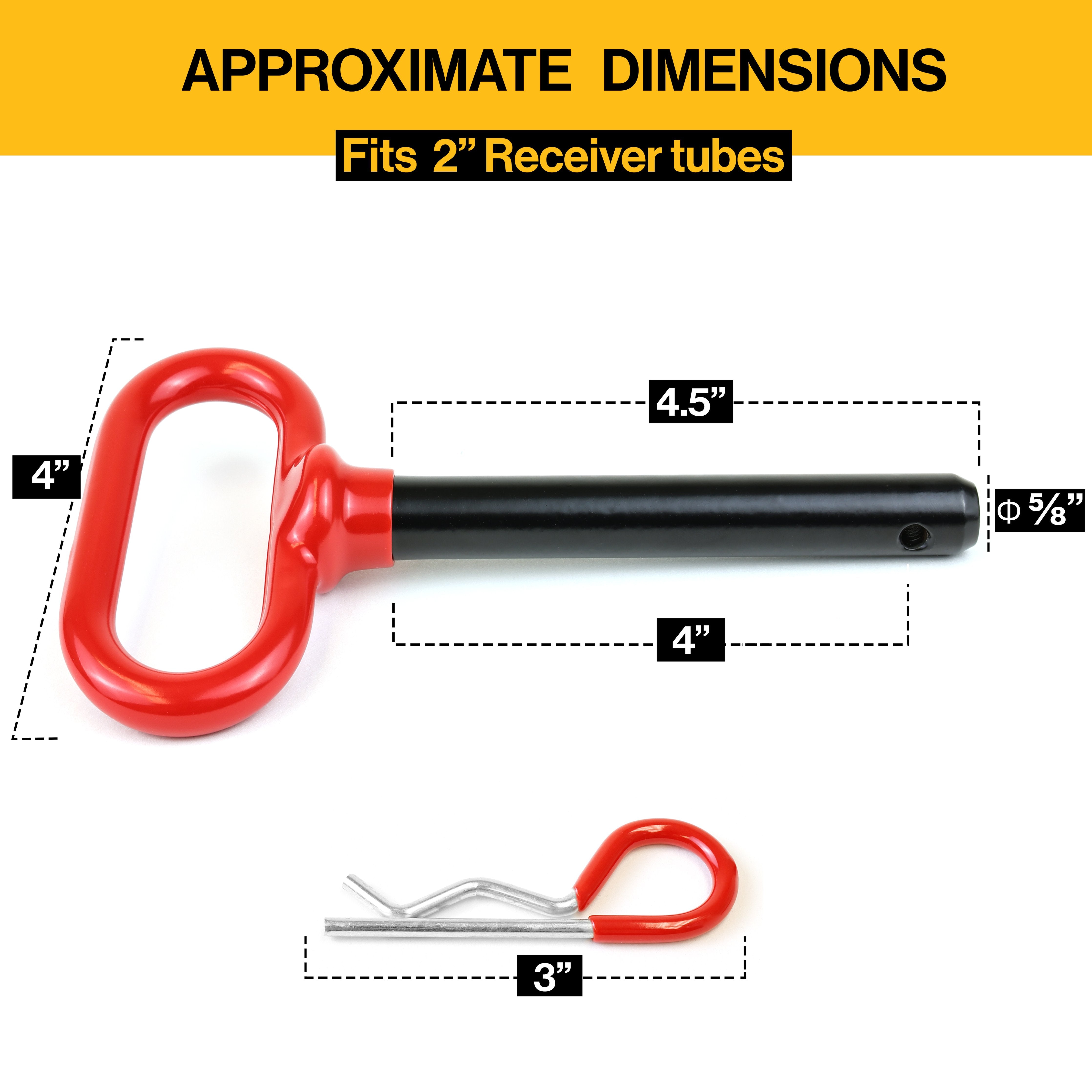 Wellmax 2-Pack 5/8" x 4-1/2" Steel Hitch Pin with 4pcs 3" R Clip, Clevis Pin Hitch with Rubber-Coated Handle, Red Color
