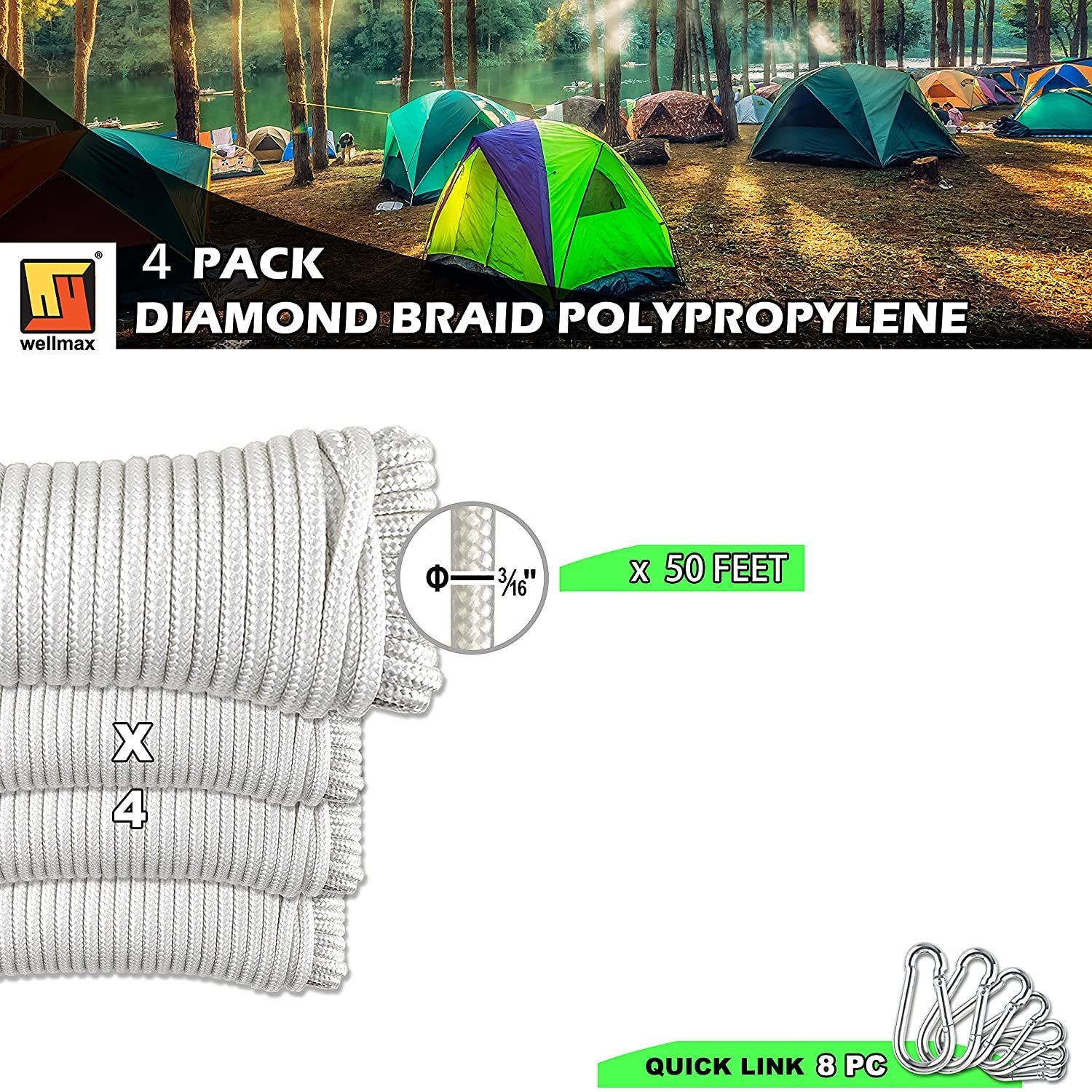 Wellmax Diamond Braided Polypropylene Rope with UV Treatment and Weather Resistant, 4 Pack 3/16 inch x 50ft Multi-Color