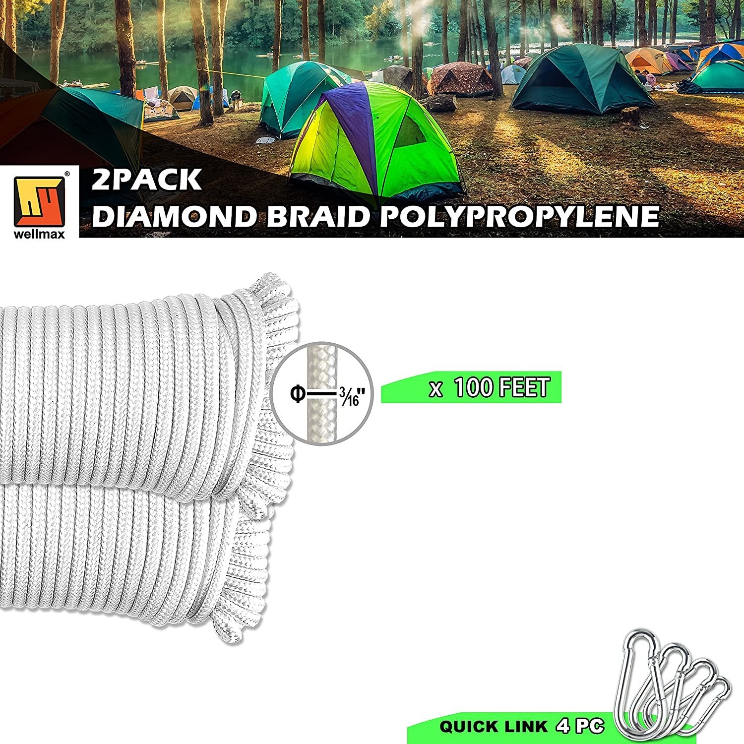 Wellmax Diamond Braided Polypropylene Rope with UV Treatment and Weather Resistant, 4 Pack 3/16 inch x 50ft Multi-Color