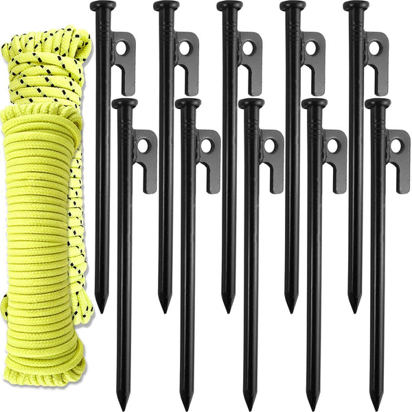 Wellmax 10PC Heavy Duty Tent Stakes with 2PC Glow in Dark Rope 3/16" x50ft and 1/4" x50ft (Black)