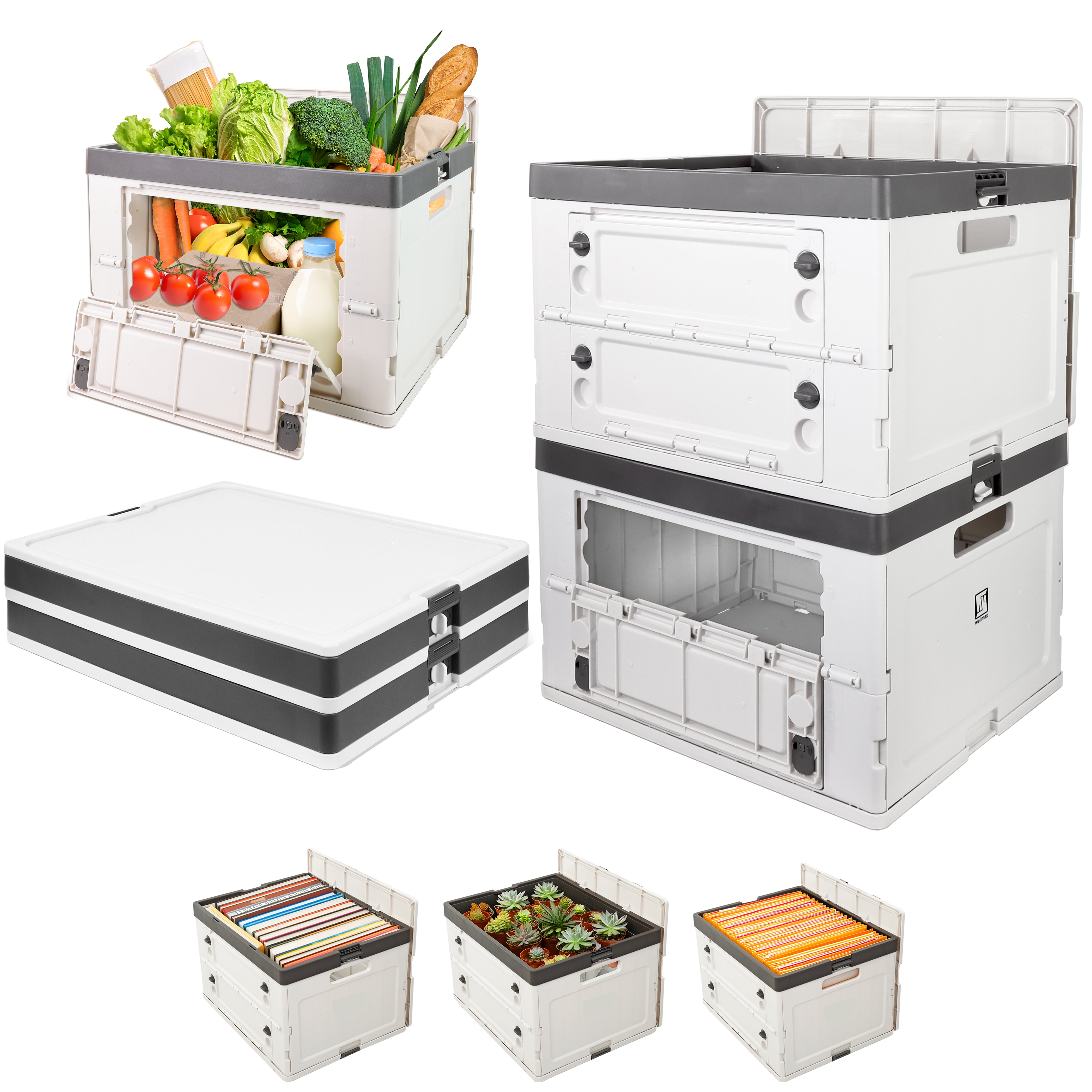Foldable Storage Crate for WM99800WH Rolling Cart – 44 lbs Capacity, Stackable Design with Lid & Easy-Access Side Panel
