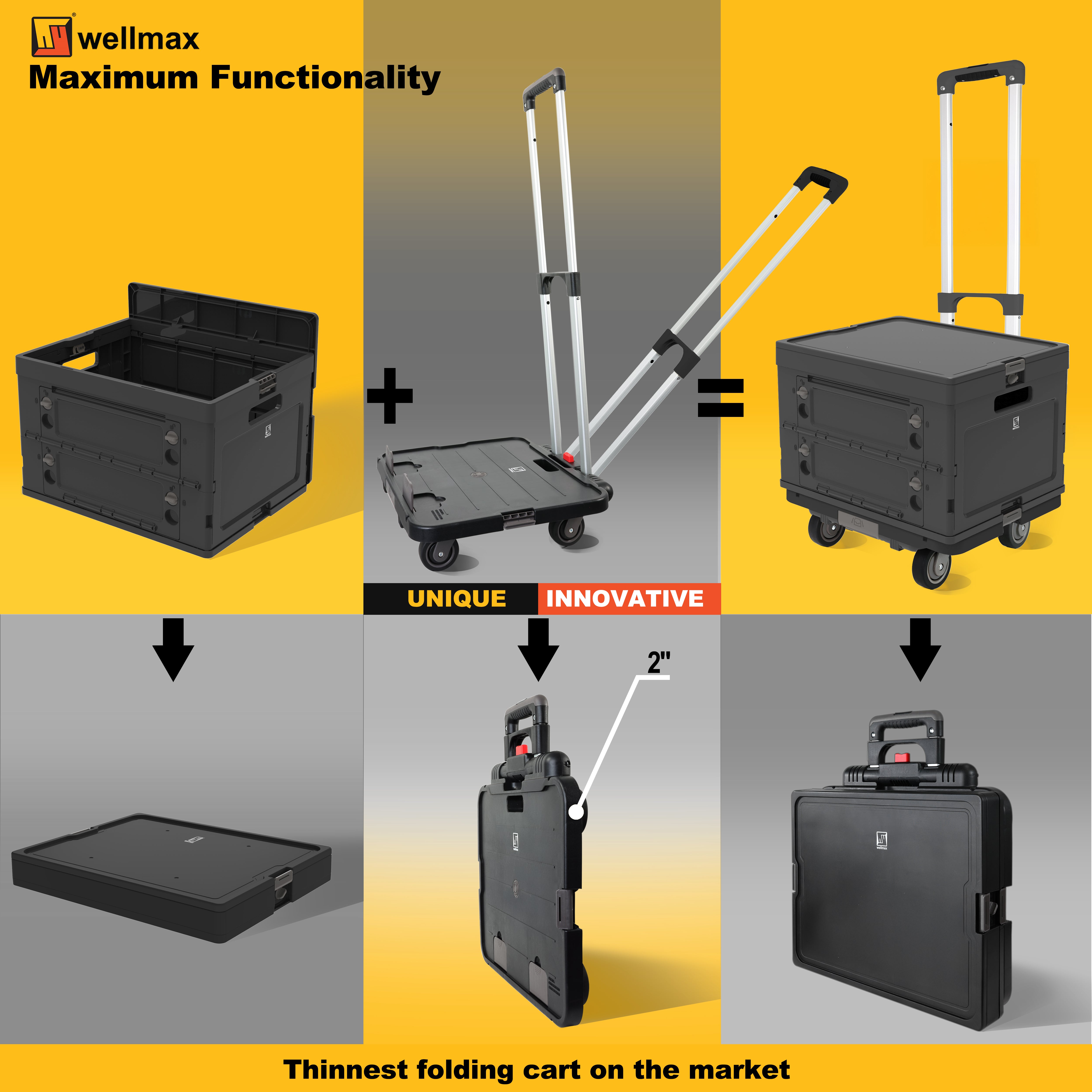 Wellmax WM99800BK Rolling Crate Cart with Wheels, Foldable Utility Cart for Teachers, Shopping, Office | Silent Wheels, Aluminum Handle, 132 lbs Capacity – Black