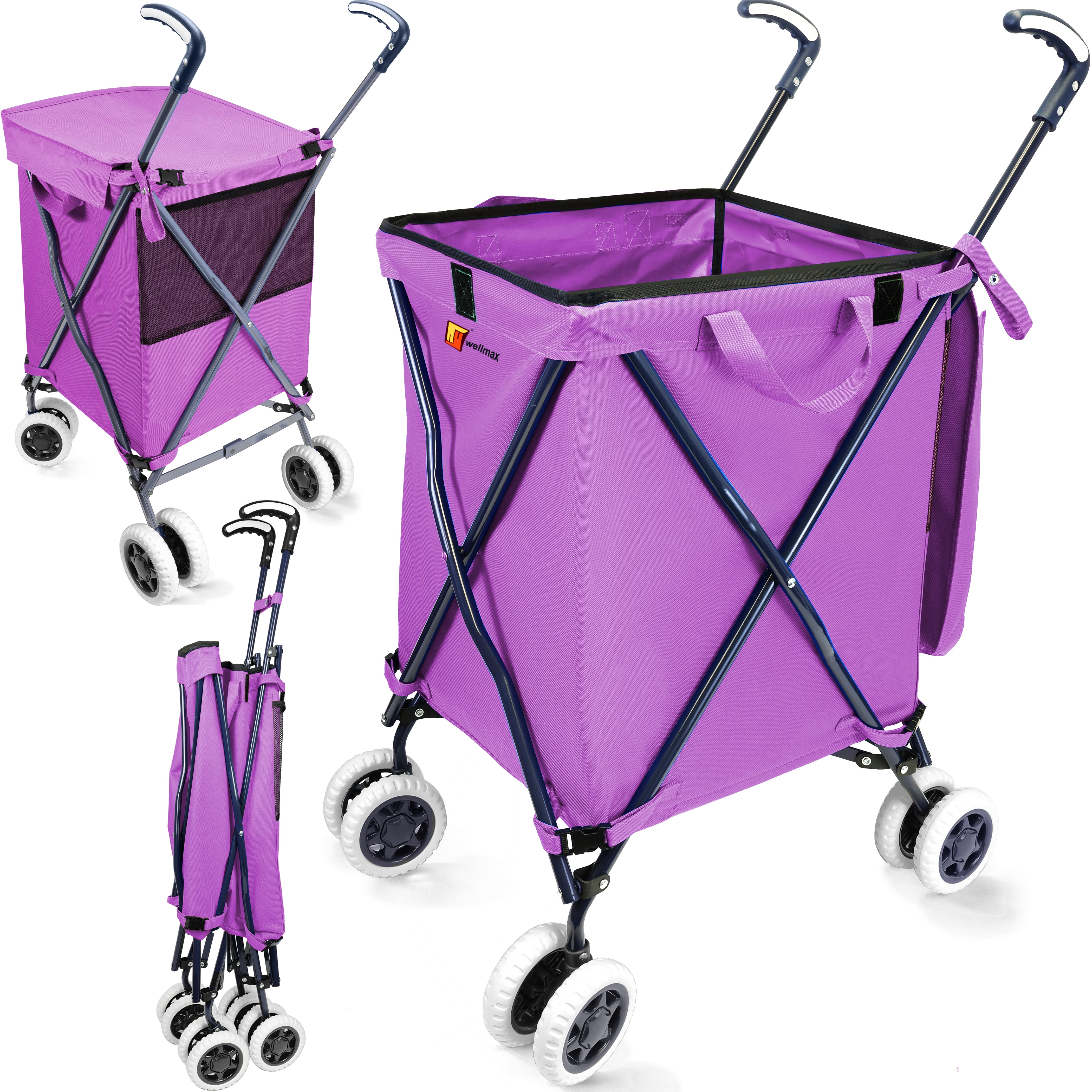 Wellmax WM99100 Series Folding Shopping Cart with Wheels, Grocery Cart with Removable Canvas with Cover, Lightweight Utility Cart for Groceries and Laundry - Holds up to 120 lbs