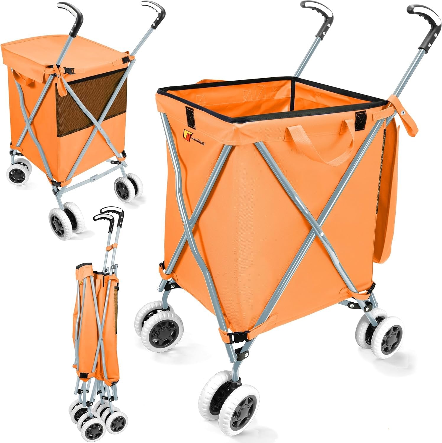 Wellmax WM99100 Series Folding Shopping Cart with Wheels, Grocery Cart with Removable Canvas with Cover, Lightweight Utility Cart for Groceries and Laundry - Holds up to 120 lbs