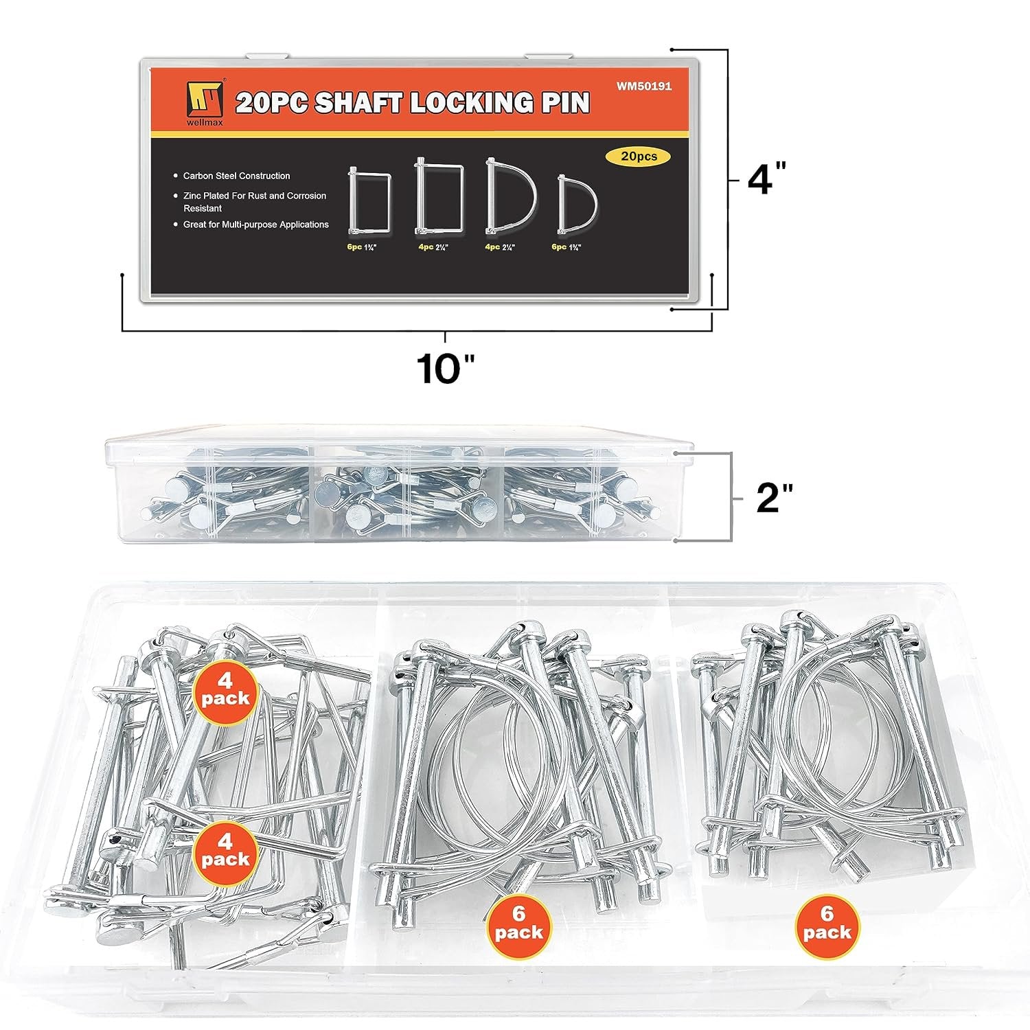 Wellmax 20 Pcs Shaft Locking Pin in 1/4", 5/16" and 3/8" Diameter Zinc-Plated Heavy Duty Safety Pins, Trailer Hitch Pin for Trailer Lock and Hitch Pin Lock for Farm Lawn Garden Wagons, Silver Color