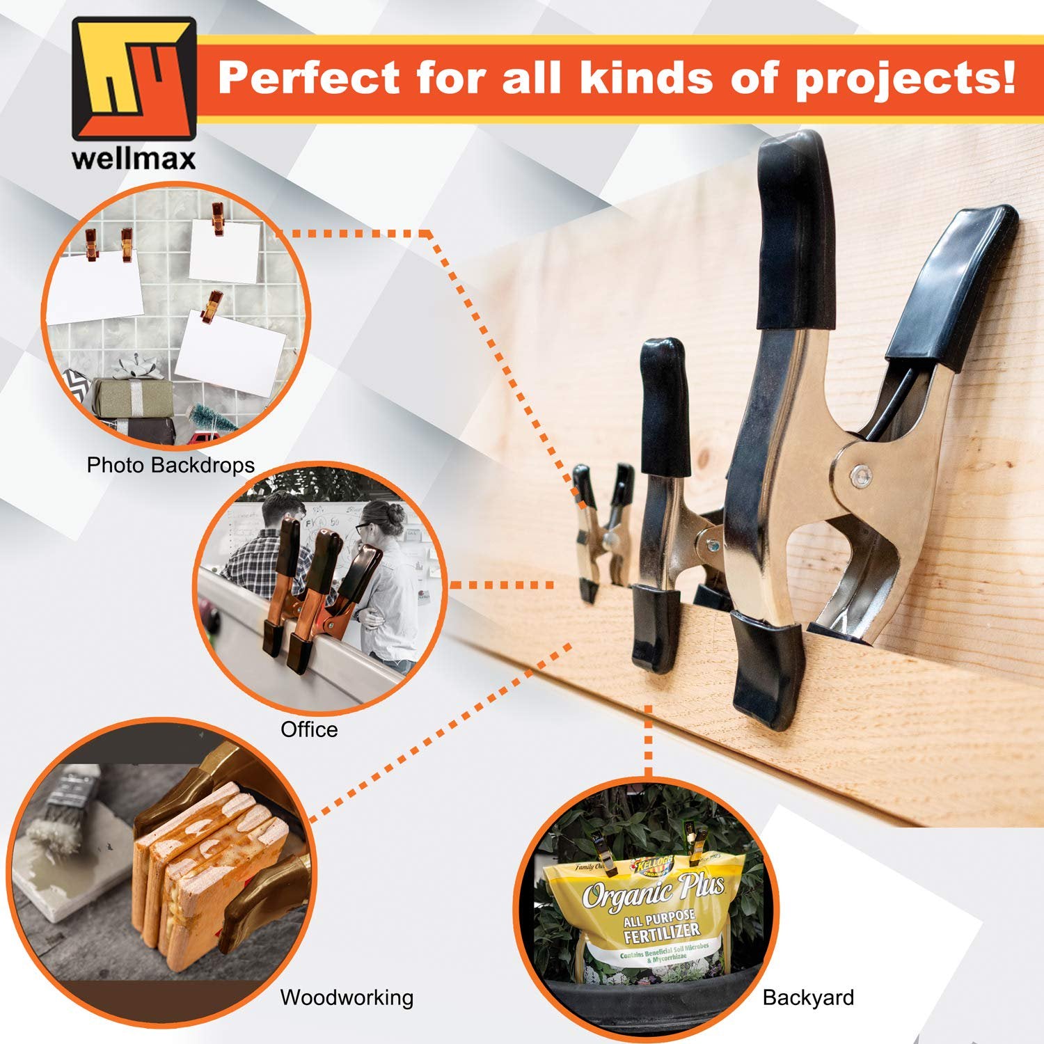 Wellmax 16PC Metal Spring Clamps Set, Heavy Duty Clips for Clamp Woodworking and Backdrops, 8pc 2 inch, 4pc 4 inch and 4pc 6 inch