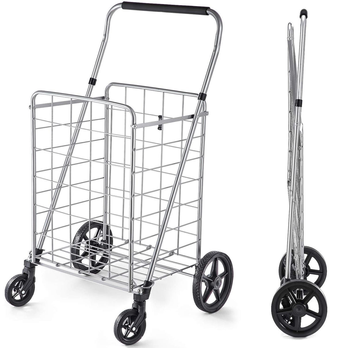 Wellmax Grocery Shopping Cart with Swivel Wheels, Foldable and Collapsible Utility Cart with Adjustable Height Handle, Heavy Duty Light Weight Trolley