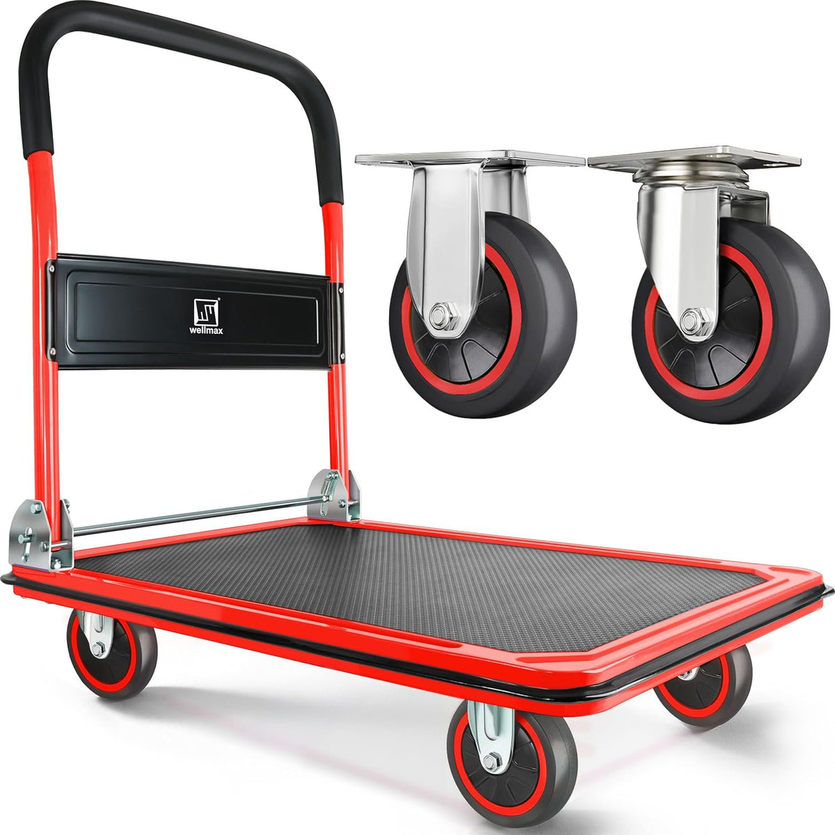 Push Cart Dolly by Wellmax, Moving Platform Hand Truck, Foldable for Easy Storage and 360 Degree Swivel Wheels with 660lb Weight Capacity, Yellow Color