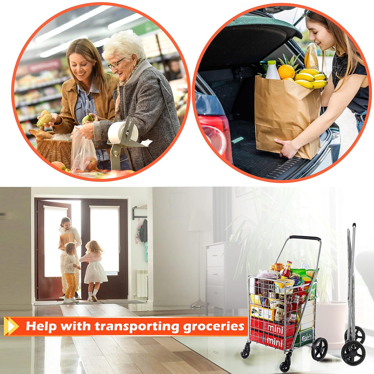 Wellmax WM99024S Grocery Utility Shopping Cart, Easily Collapsible and Portable to Save Space and Heavy Duty, Light Weight Trolley with Rolling Swivel Wheels