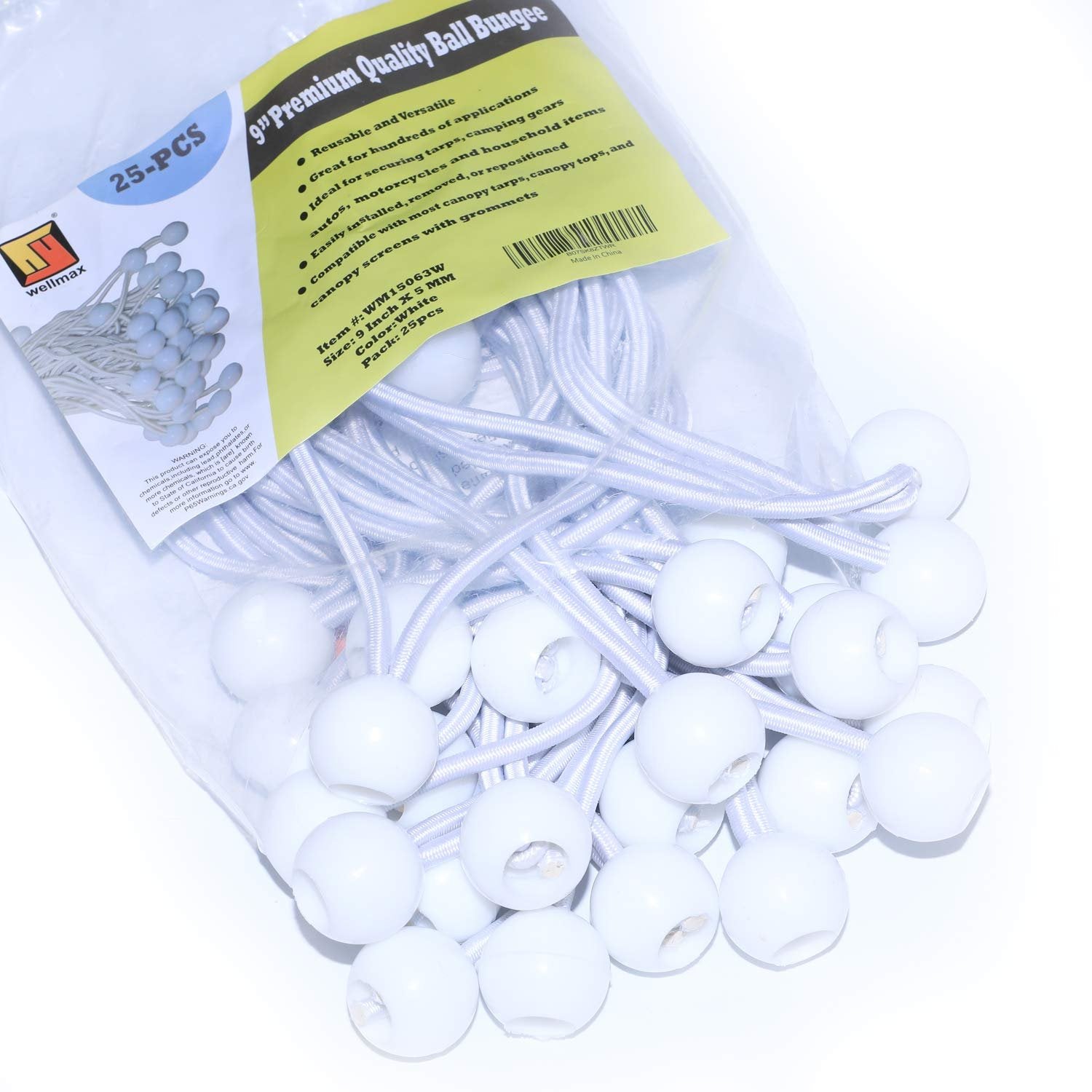 9 Inch White 25PC 6 inch 50 Piece Heavy Duty 5mm Ball Bungee Canopy Cord By Wellmax, White Color