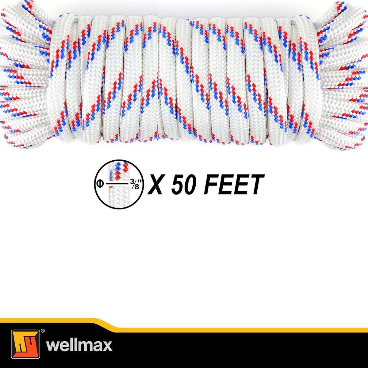 Wellmax Diamond Braid Nylon Rope – Extra Thick All Purpose Braided Flag Line Utility Line with Shock Absorption – UV Resistant, High Strength & Weather Resistant - 3/8" X 50FT