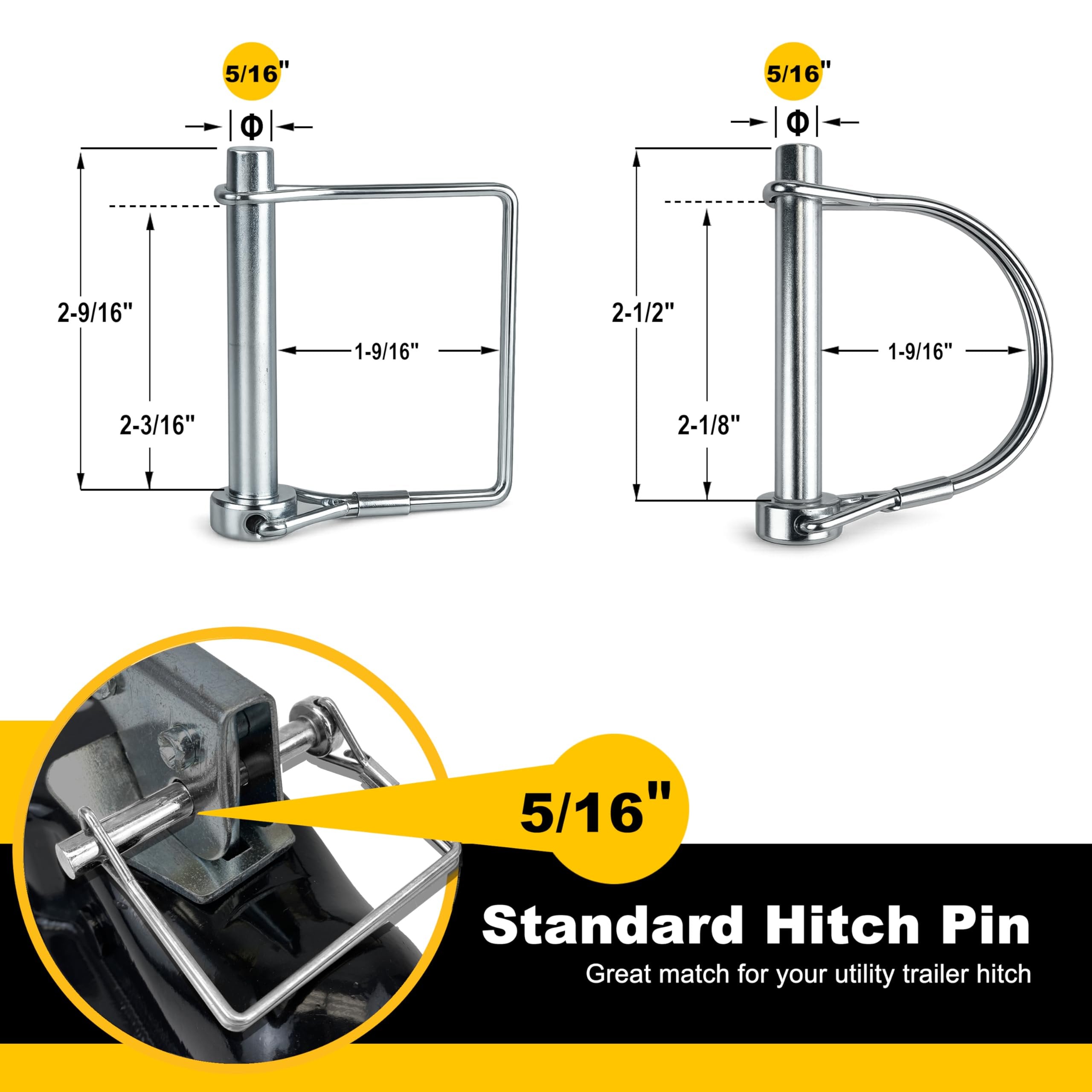 Wellmax 12-Pack Trailer Hitch Pin Assortment, 1/4" and 5/16" Diameter, Square and Arch Wire Lock Pins, Zinc-Plated Carbon Steel Safety Pins for PTO, Farm, Mower, and Boat Trailer Couplers