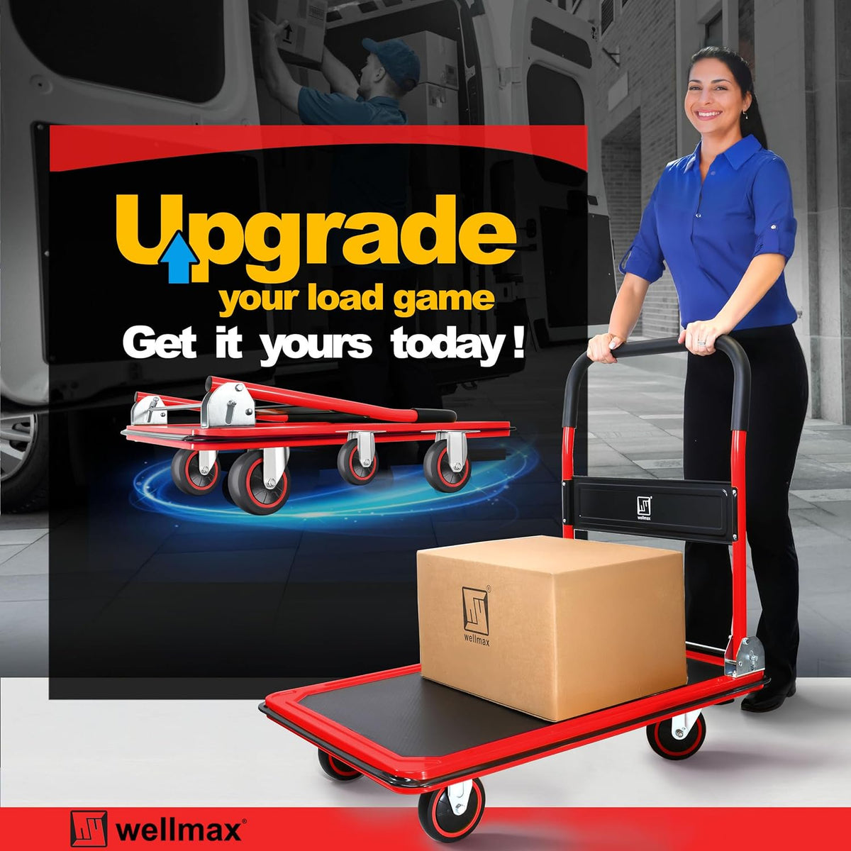 Push Cart Dolly by Wellmax, Moving Platform Hand Truck, Foldable for Easy Storage and 360 Degree Swivel Wheels with 660lb Weight Capacity, Yellow Color