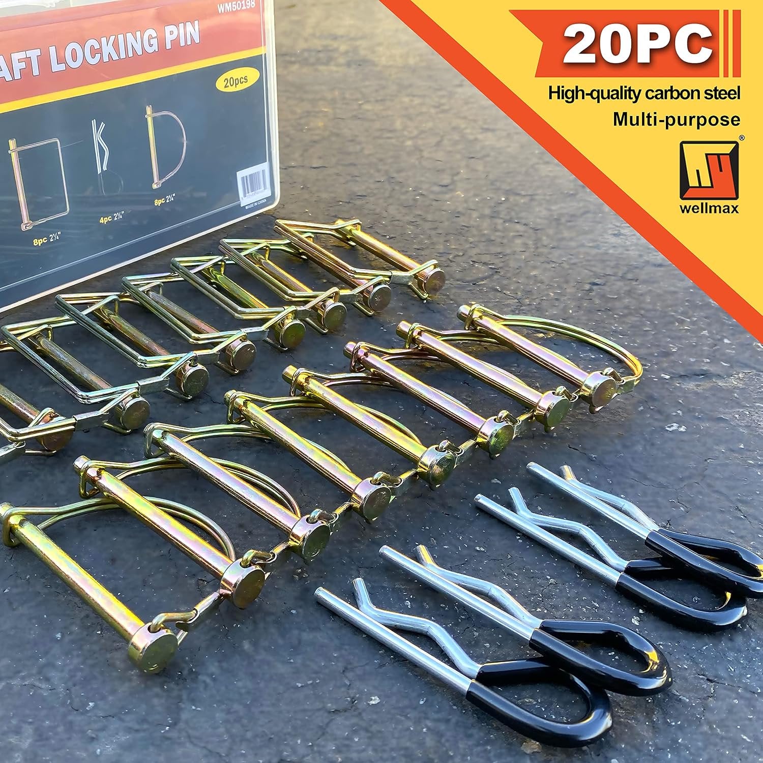 Wellmax 20 Pcs Shaft Locking Pin in 1/4 Diameter Zinc-Plated Heavy Duty Safety Pins, Bonus 4 Pcs Heavy Duty Trailer Hitch Pin for Trailer Lock and Hitch Pin Lock for Farm Lawn Garden Wagons