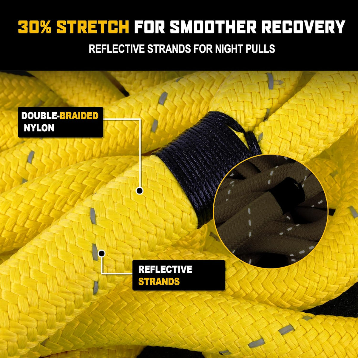 Wellmax Kinetic Recovery Rope Kit 1in x 25FT Tow Rope + 2 Soft Shackles