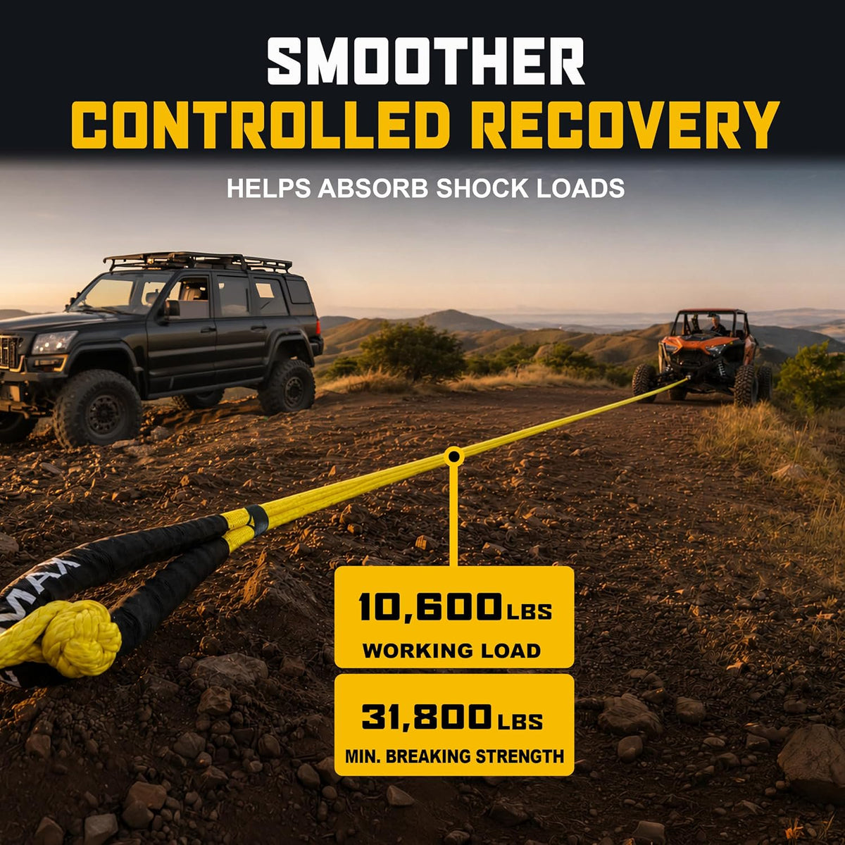 Wellmax Kinetic Recovery Rope Kit 1in x 25FT Tow Rope + 2 Soft Shackles
