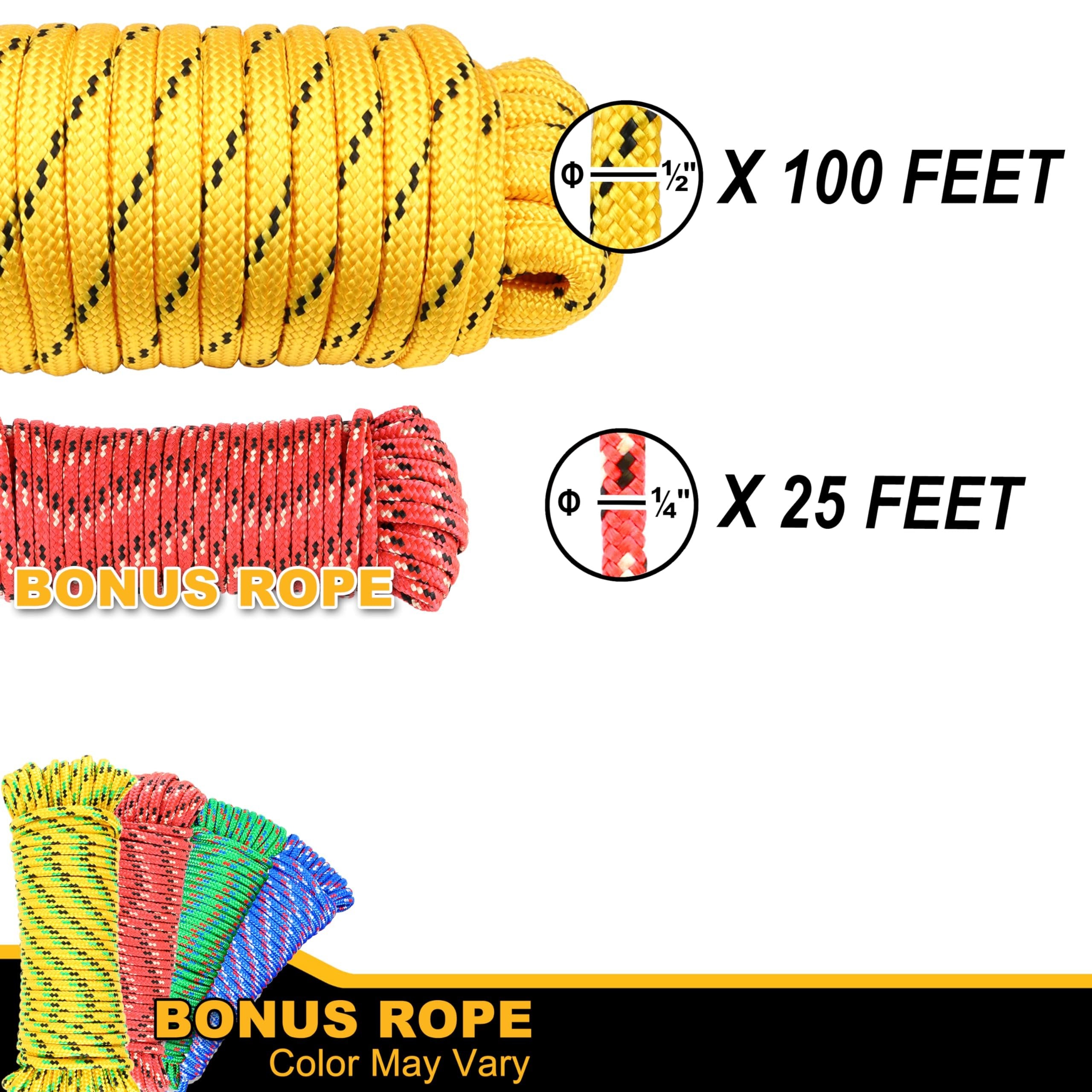 Wellmax Diamond Braid Nylon Rope, 1/2 in X 100 Foot with UV Protection and Weather Resistance, Yellow