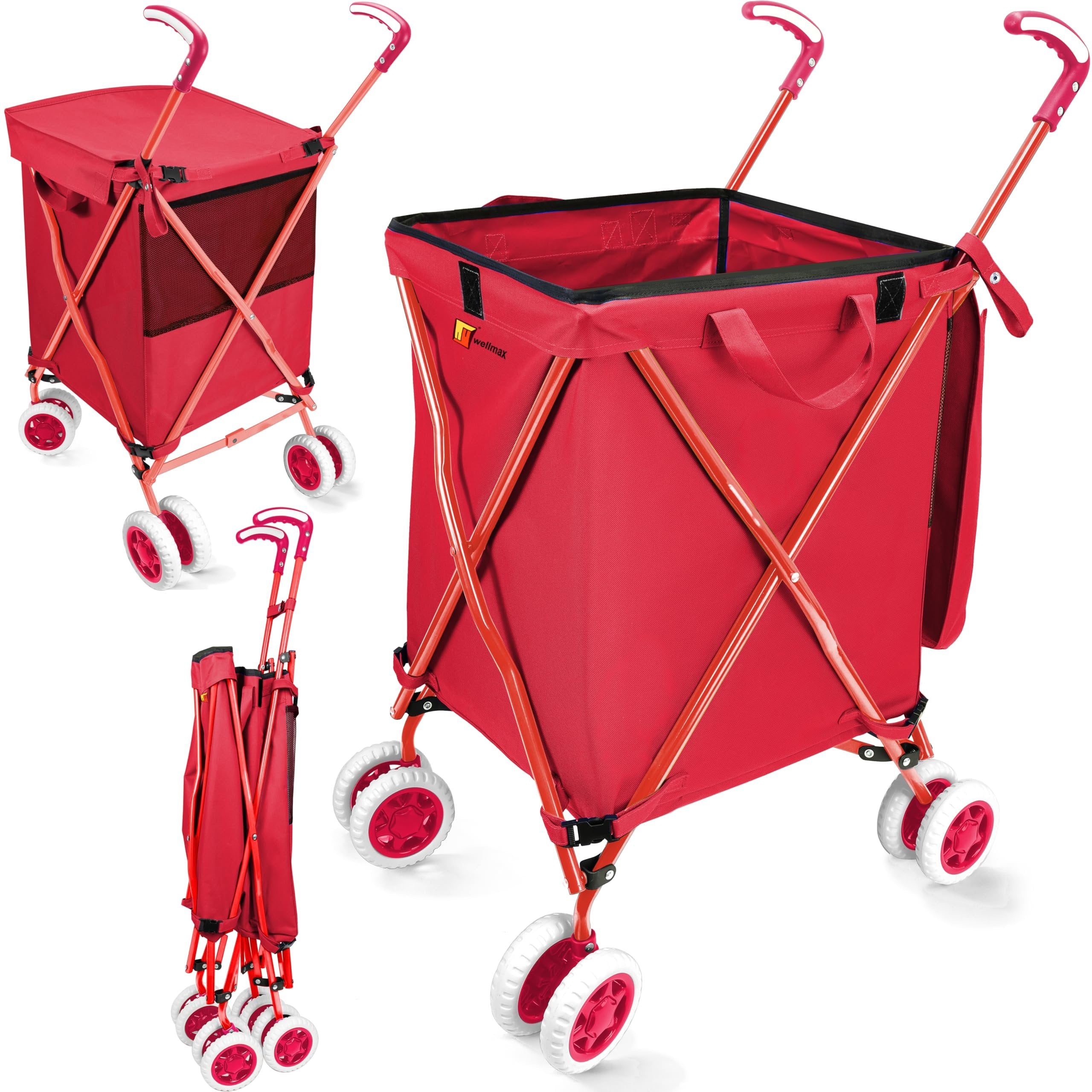 Wellmax WM99100 Series Folding Shopping Cart with Wheels, Grocery Cart with Removable Canvas with Cover, Lightweight Utility Cart for Groceries and Laundry - Holds up to 120 lbs (Orange)