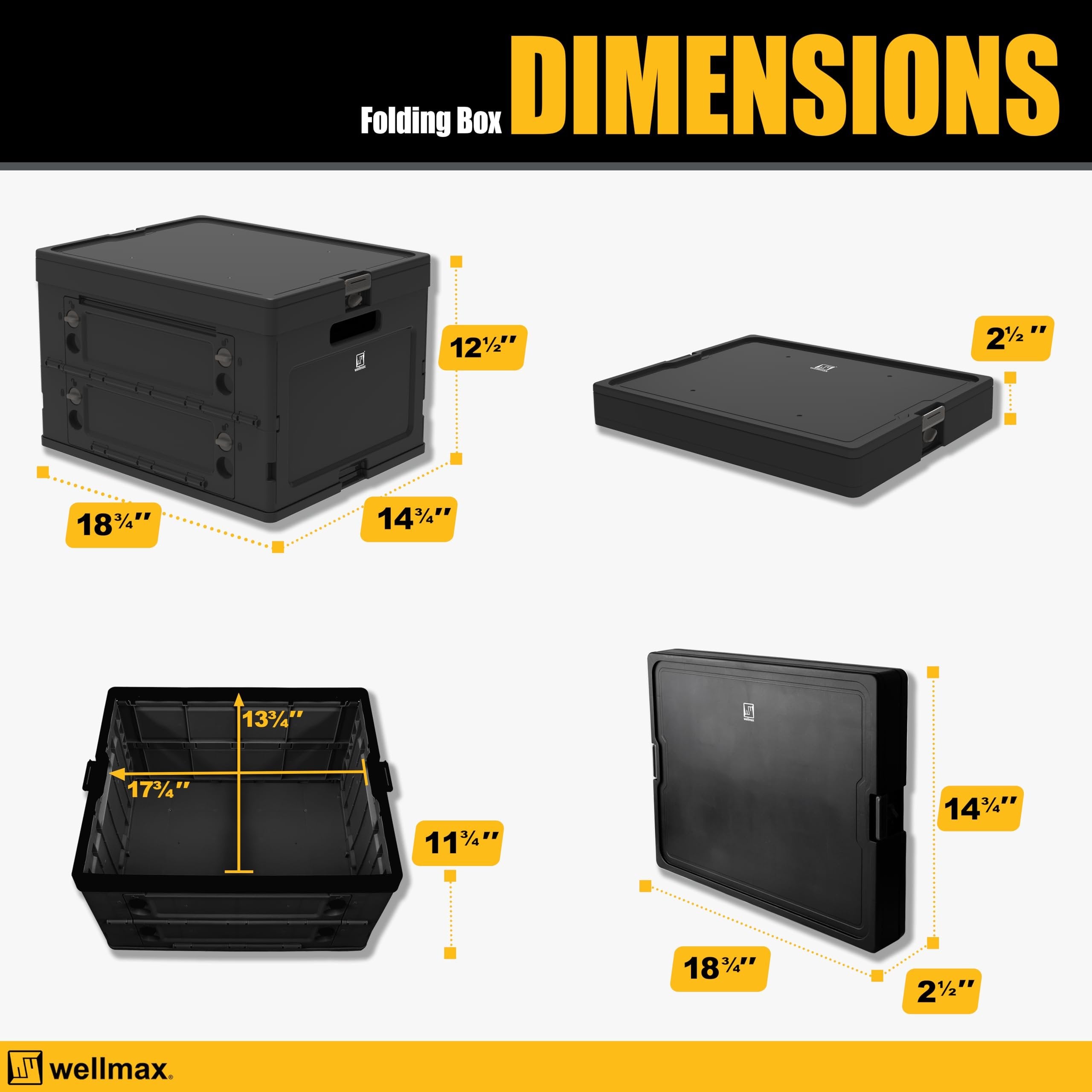 Wellmax Collapsible Crate with Lid - 44lbs Stackable Foldable Crate for Groceries, Office & Car Trunk Organizing - Black