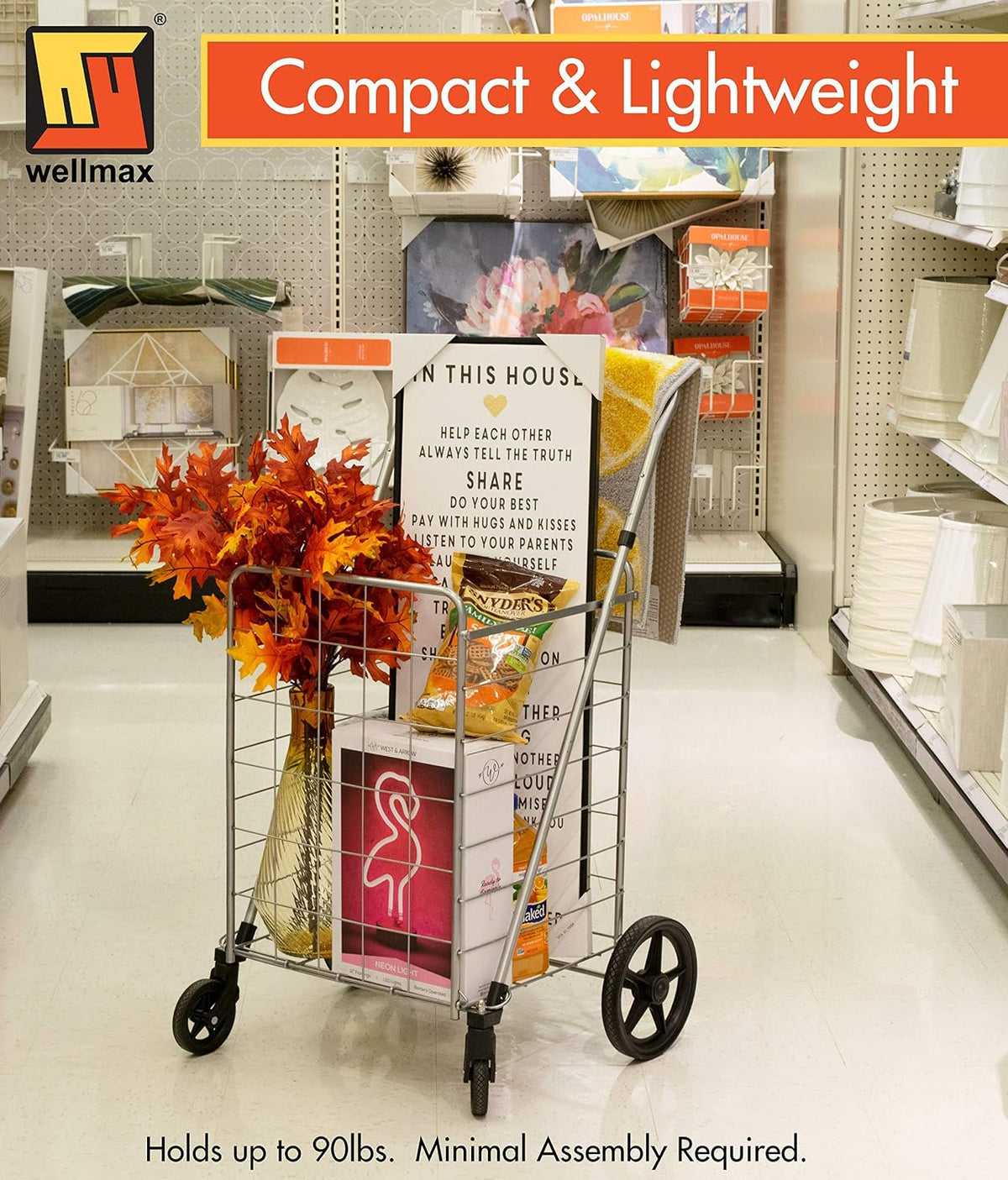 Wellmax Grocery Shopping Cart with Swivel Wheels, Foldable and Collapsible Utility Cart with Adjustable Height Handle, Heavy Duty Light Weight Trolley
