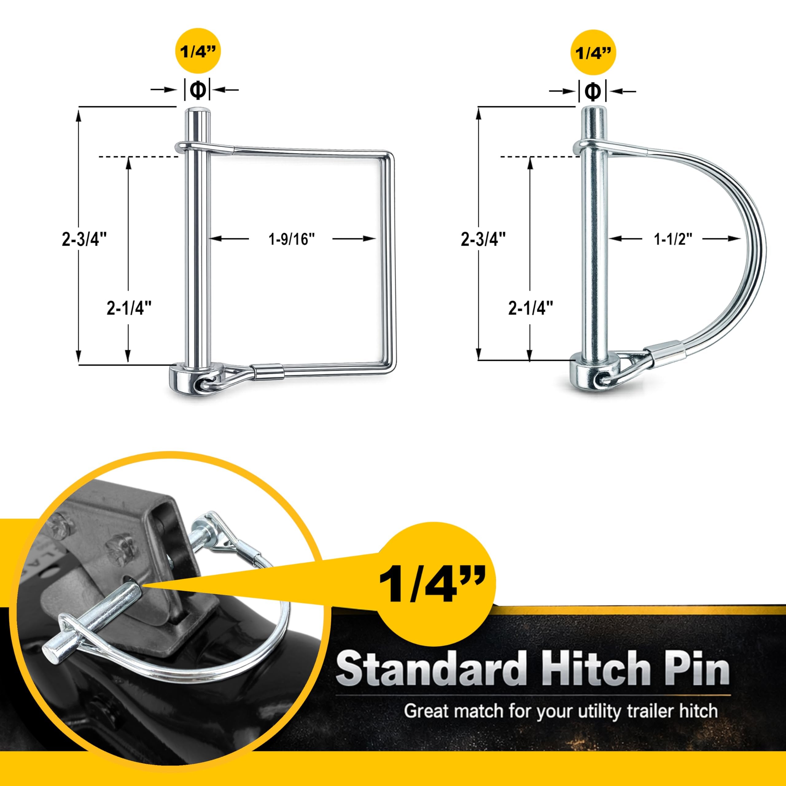 Wellmax 8-Pack Trailer Hitch Pins, 1/4" x 2-3/4" Safety Coupler Pin, Zinc-Plated Carbon Steel Wire Lock Pins for PTO, Farm, Lawn Garden Equipment, and Marine Use