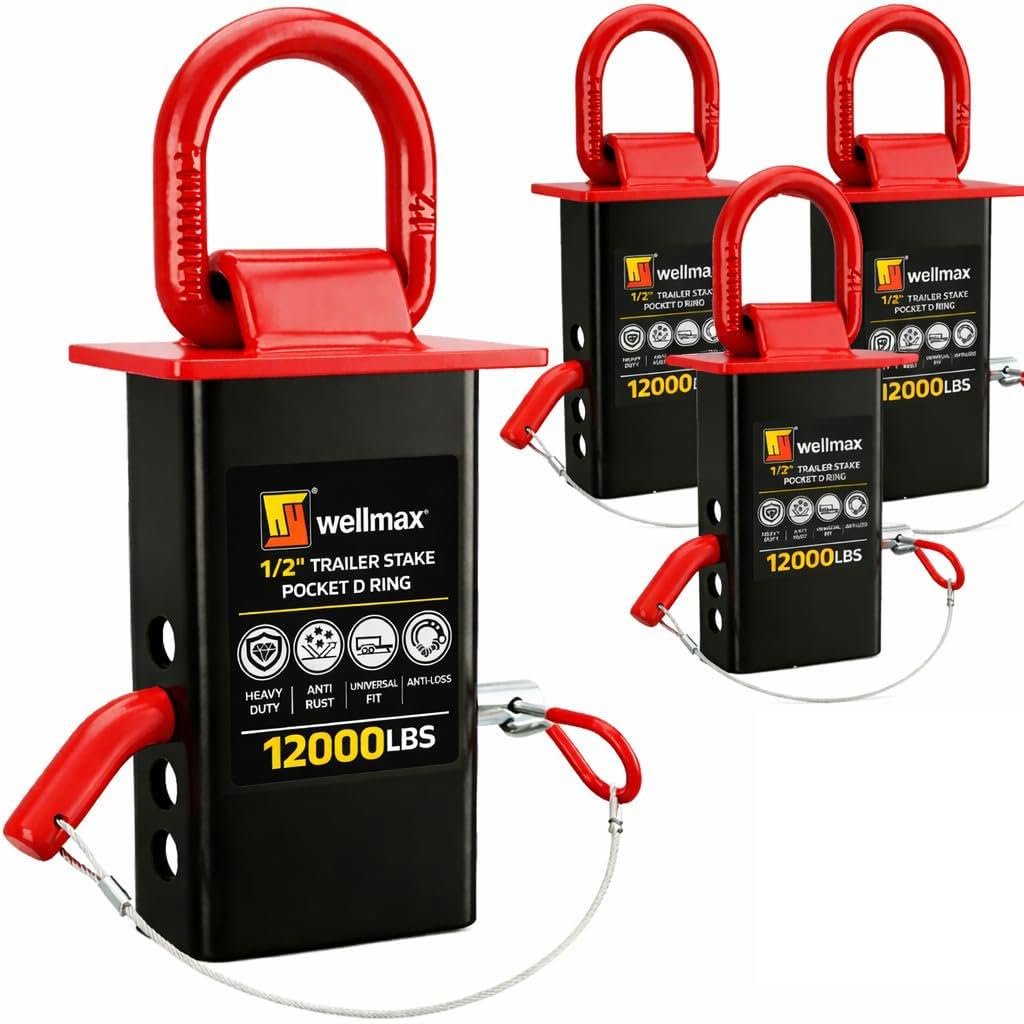 Wellmax 4-Pack Stake Pocket D Rings - Heavy Duty 1/2" Trailer Tie Down Anchors for Utility & Flatbed Trailers - 12,000 LBS Break Strength Removable D Ring with Hitch Pins & Anti-Loss Wire