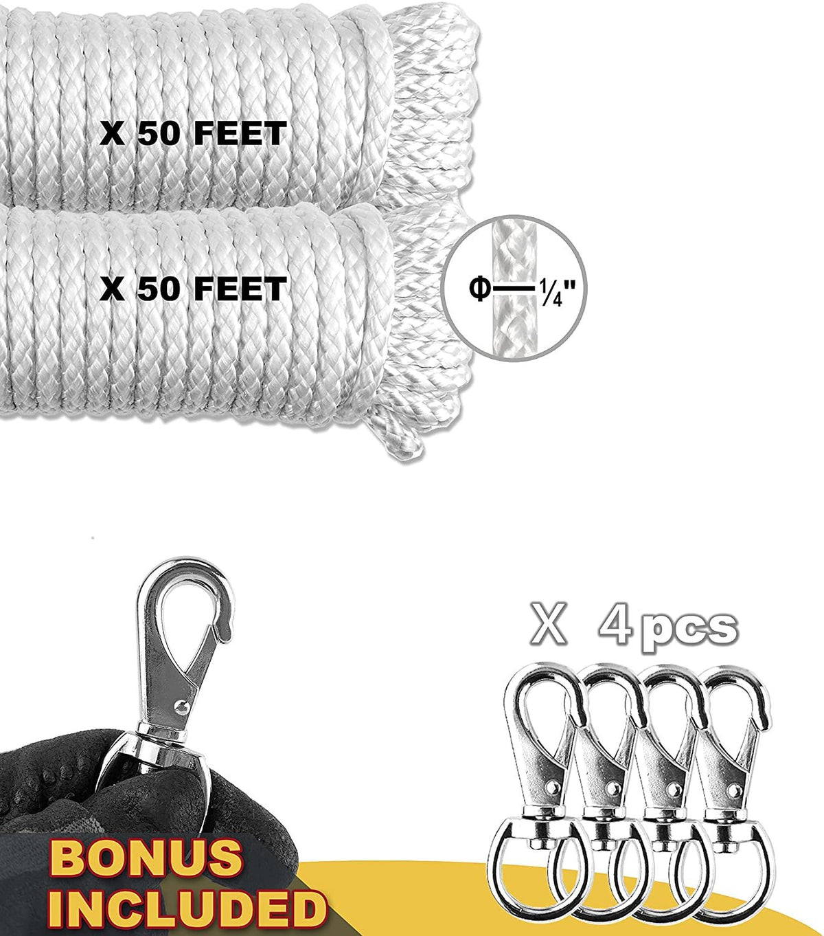 Wellmax Diamond Braided Polypropylene Rope with UV Treatment and Weather Resistant, 4 Pack 3/16 inch x 50ft Multi-Color