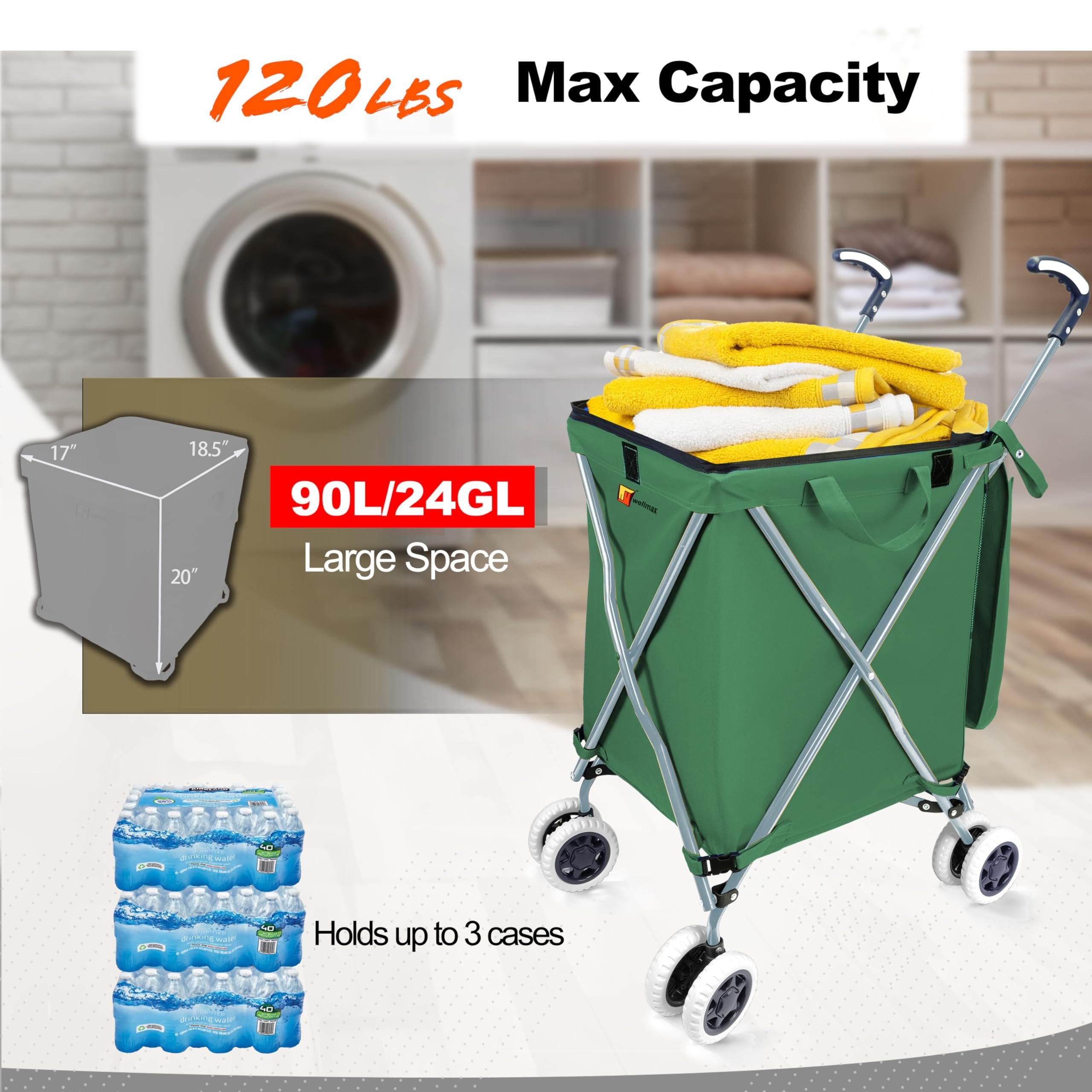 Wellmax WM99100 Series Folding Shopping Cart with Wheels, Grocery Cart with Removable Canvas with Cover, Lightweight Utility Cart for Groceries and Laundry - Holds up to 120 lbs (Orange)
