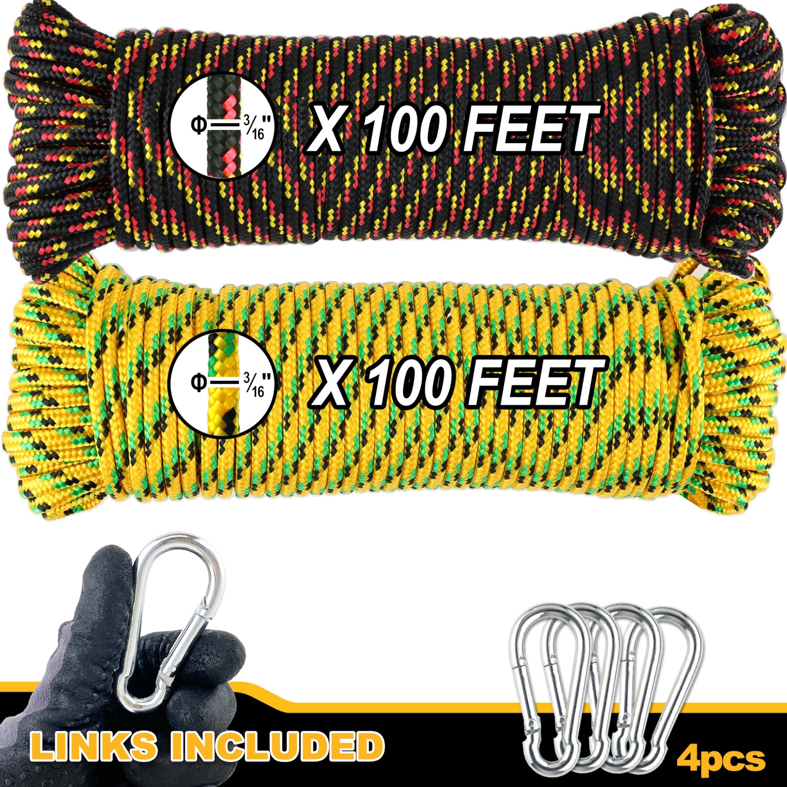 Wellmax 3/16" x 100' Diamond Braided Polypropylene Rope with UV Protection and Weather Resistance, Yellow/Black - 2 Pack
