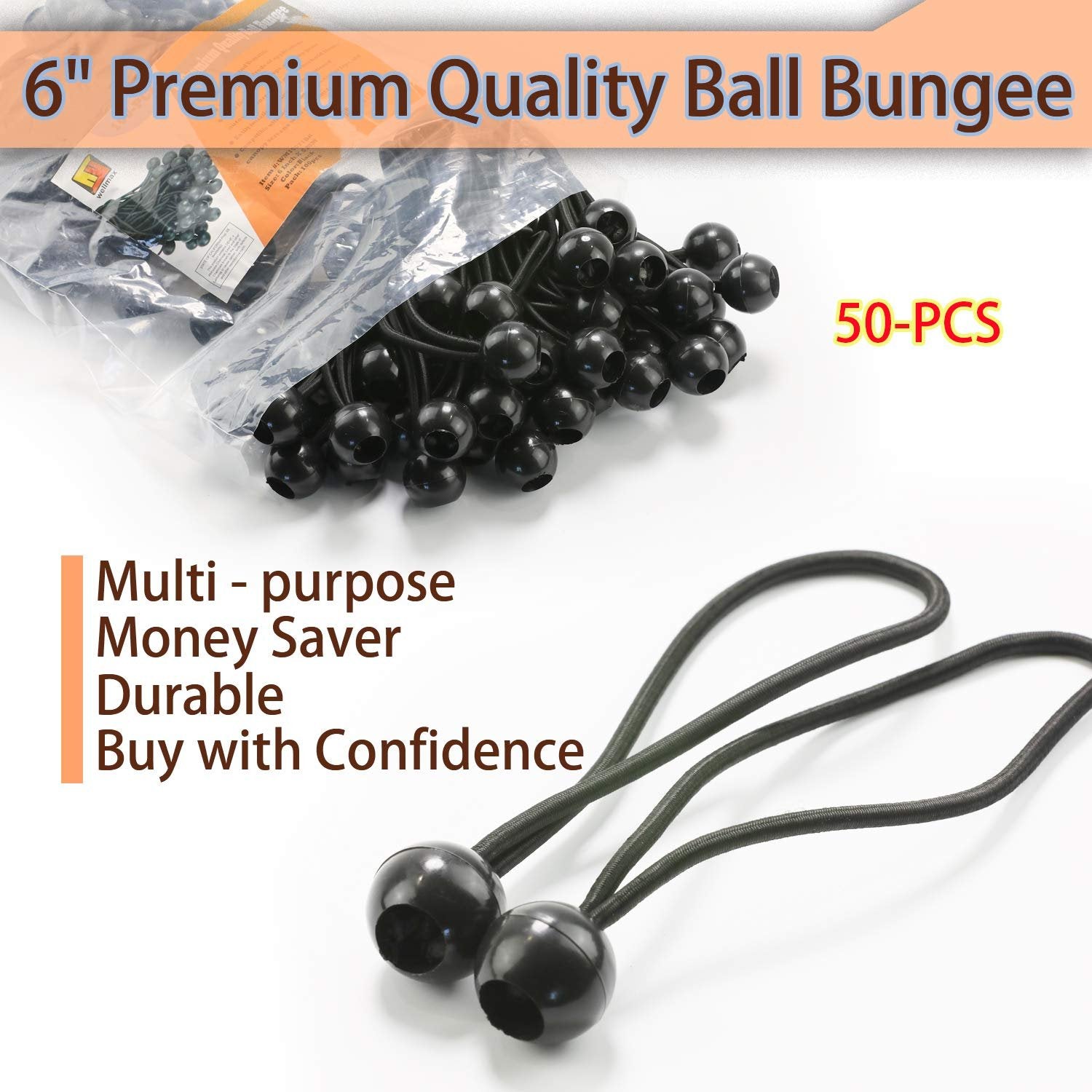 6 Inch Black 50PC 6 inch 50 Piece Heavy Duty 5mm Ball Bungee Canopy Cord By Wellmax, White Color