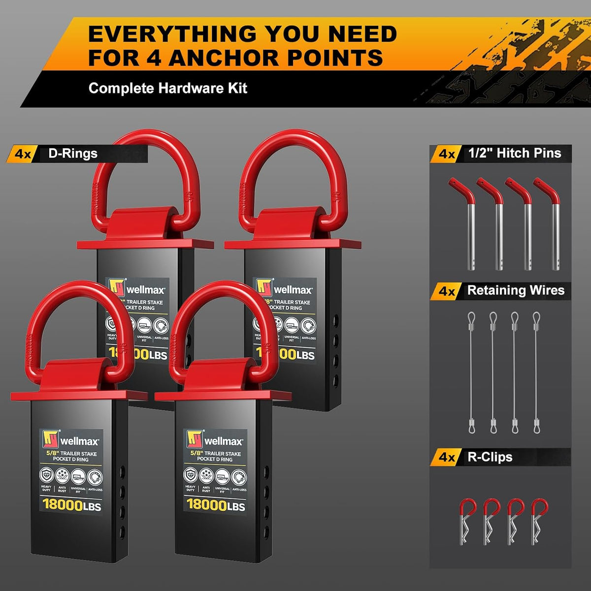 Wellmax 4-Pack Stake Pocket D Rings - Heavy Duty 5/8" Trailer Tie Down Anchors for Utility & Flatbed Trailers - 18,000 LBS Break Strength Removable D Ring with Hitch Pins & Anti-Loss Wire