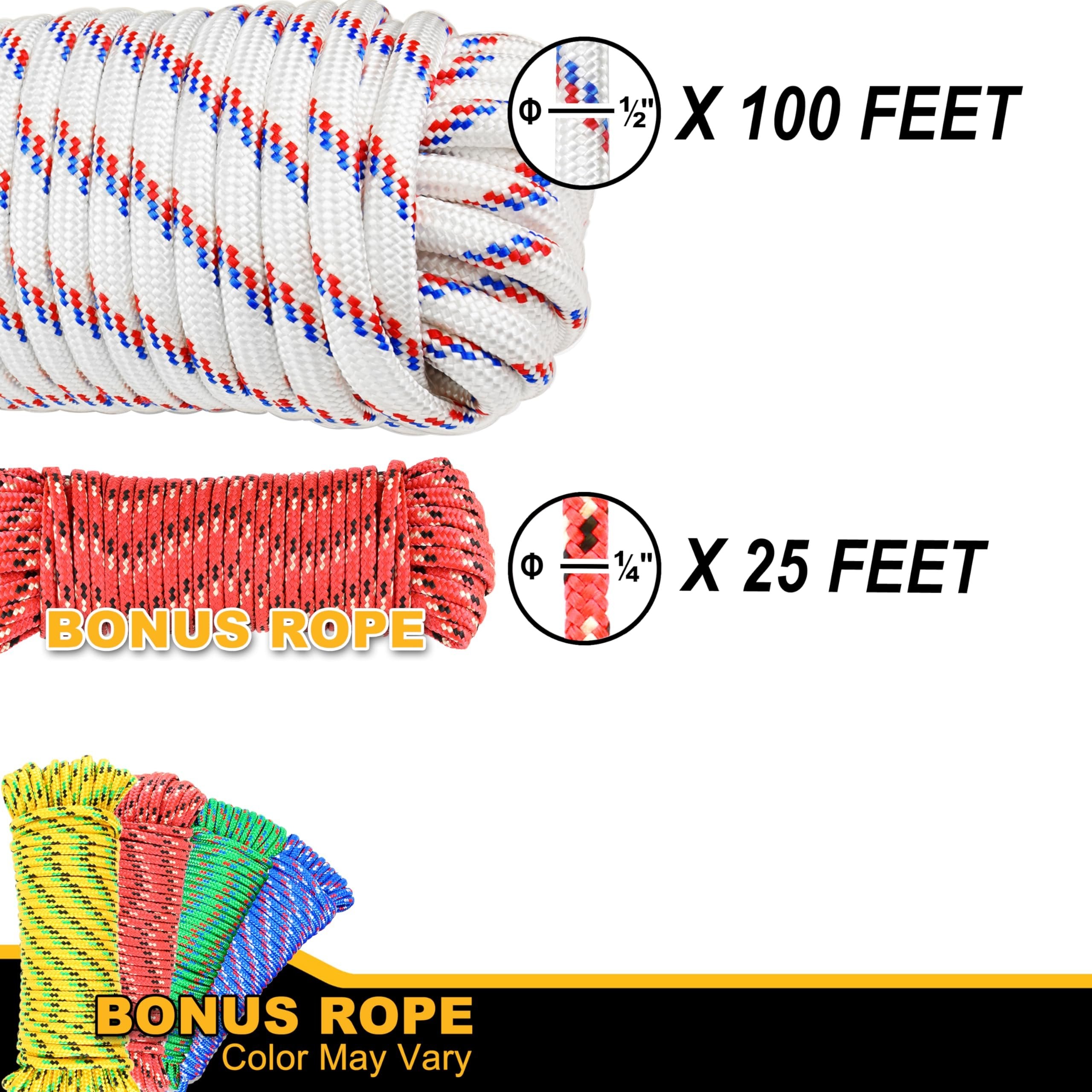 Wellmax Diamond Braid Nylon Rope, 1/2 in X 100 Foot with UV Protection and Weather Resistance, Red and White