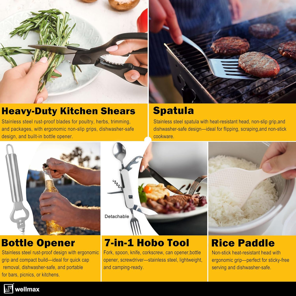 Wellmax Camping Utensils Cooking Set, Camping cookware with Kitchen Knife and Equipment, Camping Accessories and Supplies with Travel Organizer, Grey Camo Color
