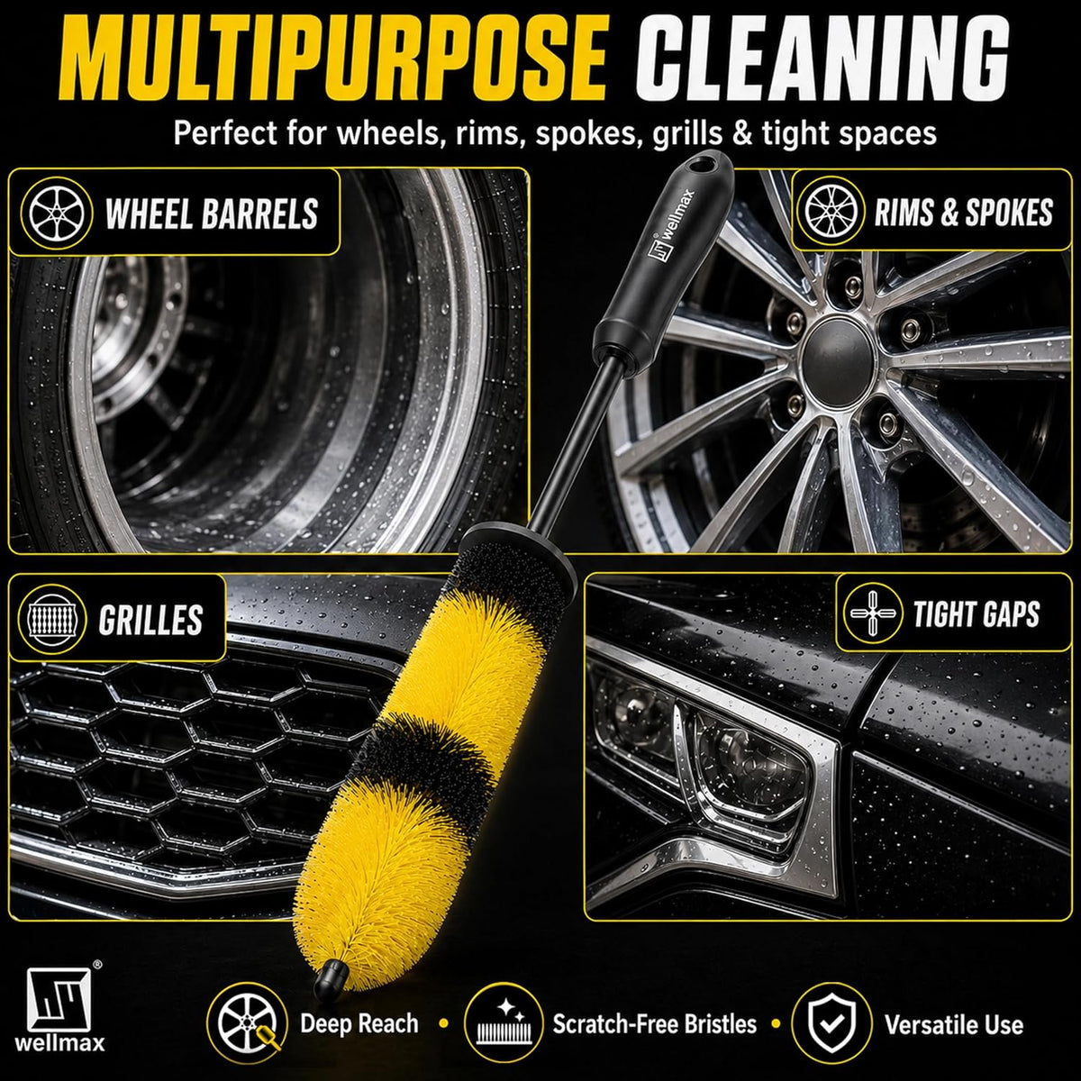 Wellmax 17” Car Wheel Brush, Scratch-Free Rim Cleaning Brush