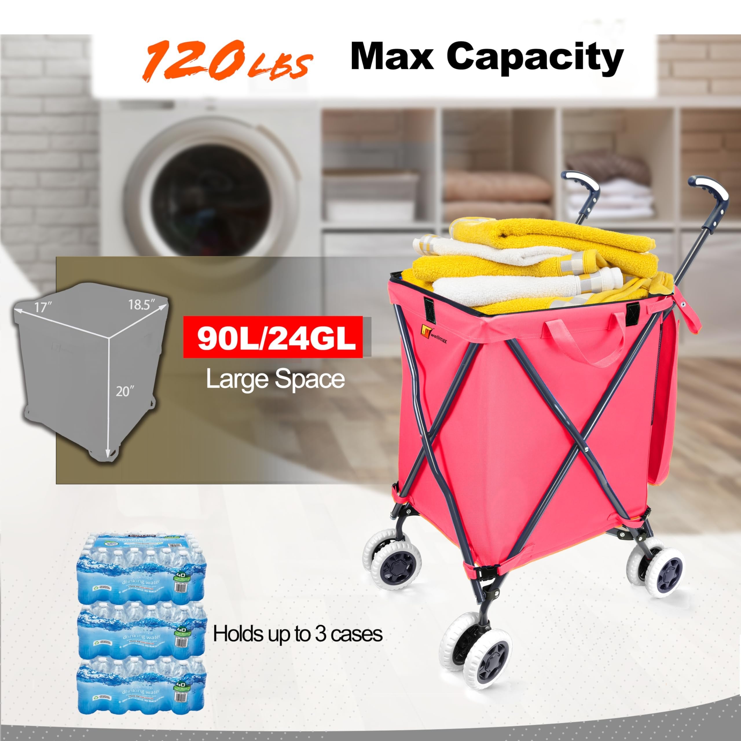 Wellmax WM99100 Series Folding Shopping Cart with Wheels, Grocery Cart with Removable Canvas with Cover, Lightweight Utility Cart for Groceries and Laundry - Holds up to 120 lbs (Orange)